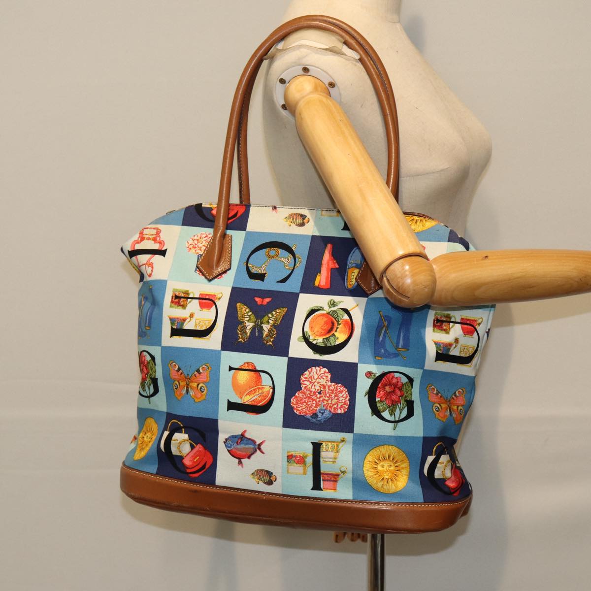 GUCCI Tote Bag Canvas Leather Blue Brown 002 2040 0307 80176