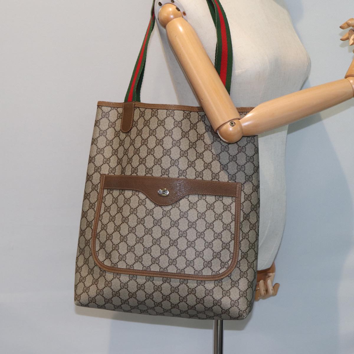 GUCCI GG Canvas Web Sherry Line Tote Bag PVC Leather Beige Green Red 80257
