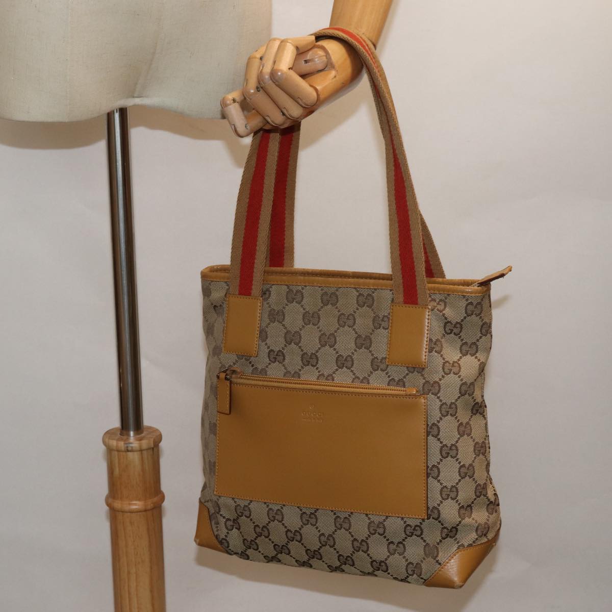 GUCCI GG Canvas Sherry Line Hand Bag Beige Red Brown 019 0402 80606