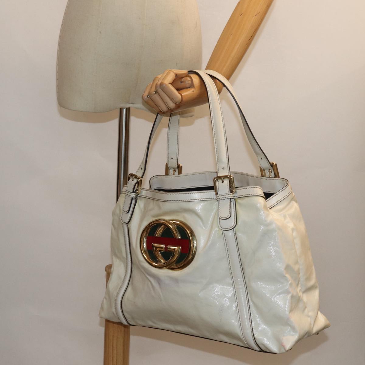 GUCCI Web Sherry Line Tote Bag Coated Canvas White Red Green 162094 80821