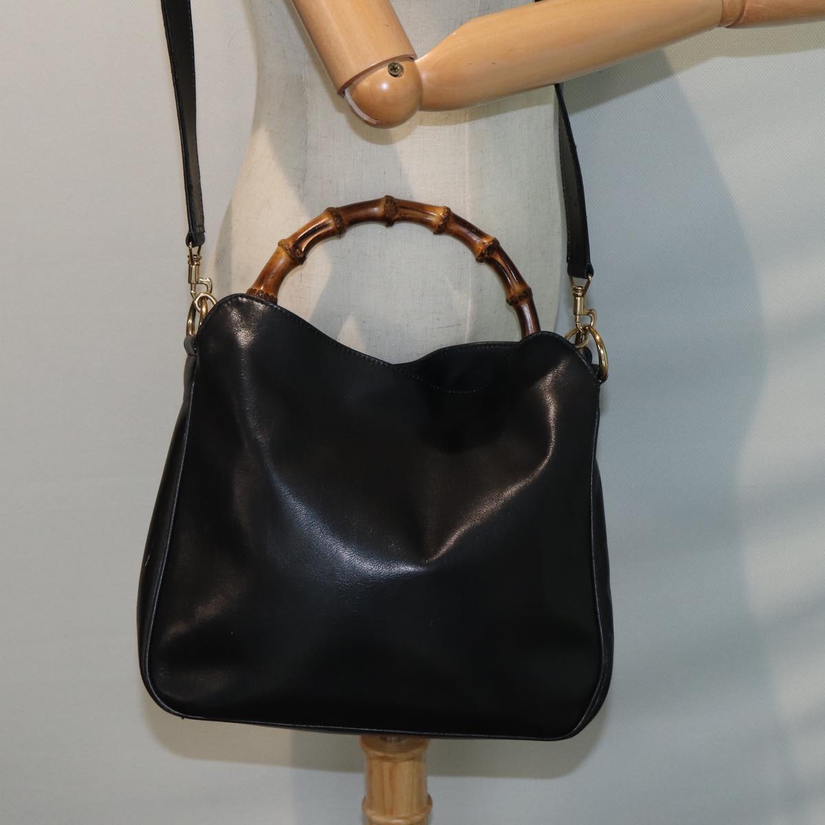 GUCCI Bamboo Shoulder Bag Leather 2way Black 001 3754 1638 80841