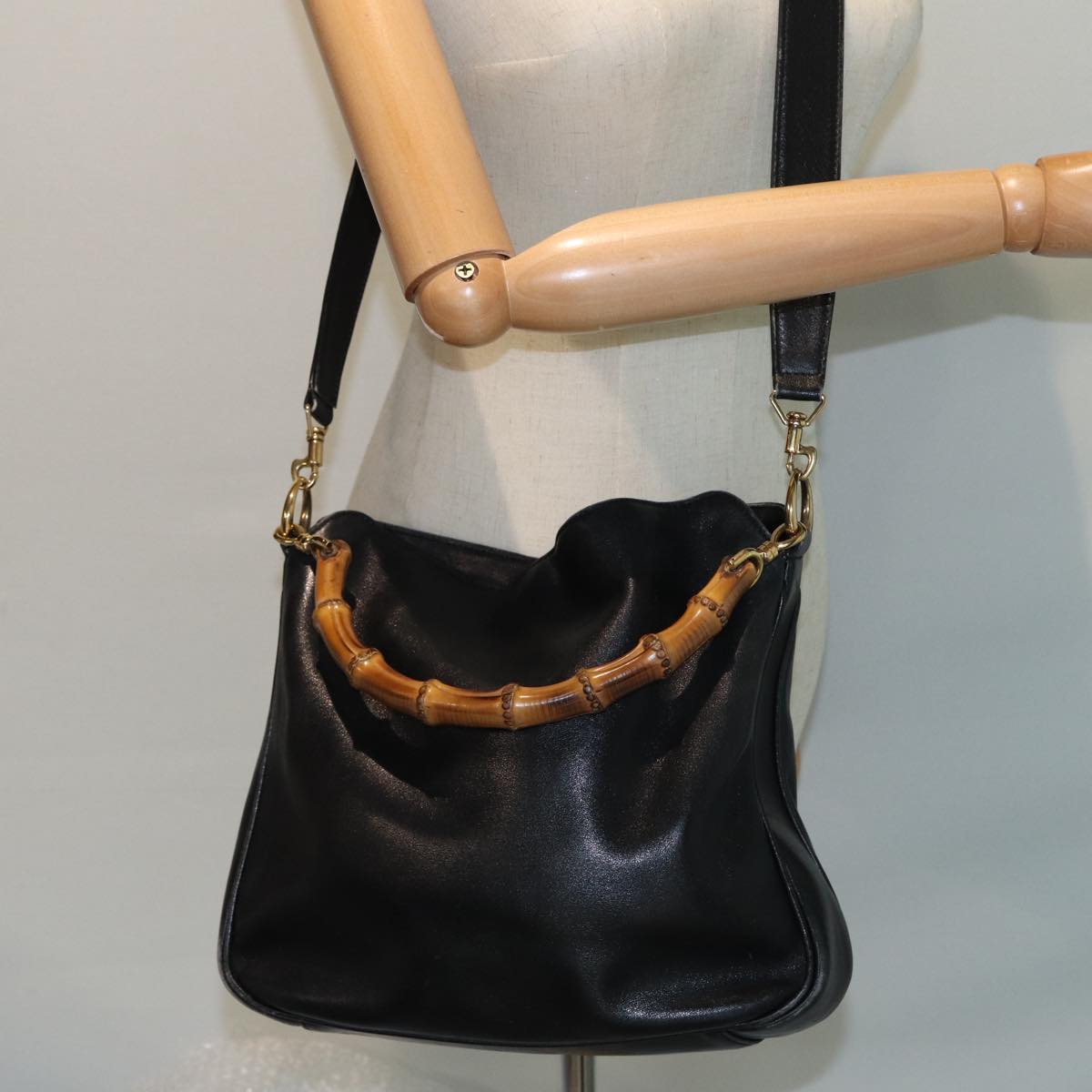 GUCCI Bamboo Shoulder Bag Leather 2way Black 001 3754 1638 80842