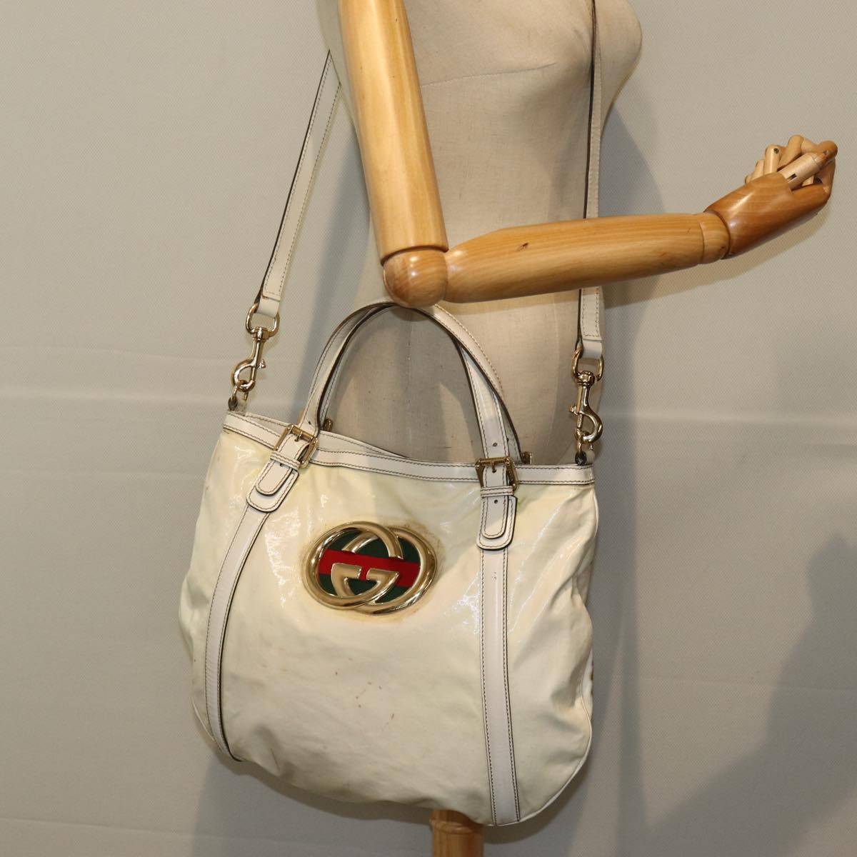 GUCCI Interlocking Web Sherry Bag Coated Canvas 2way White 162886 80900