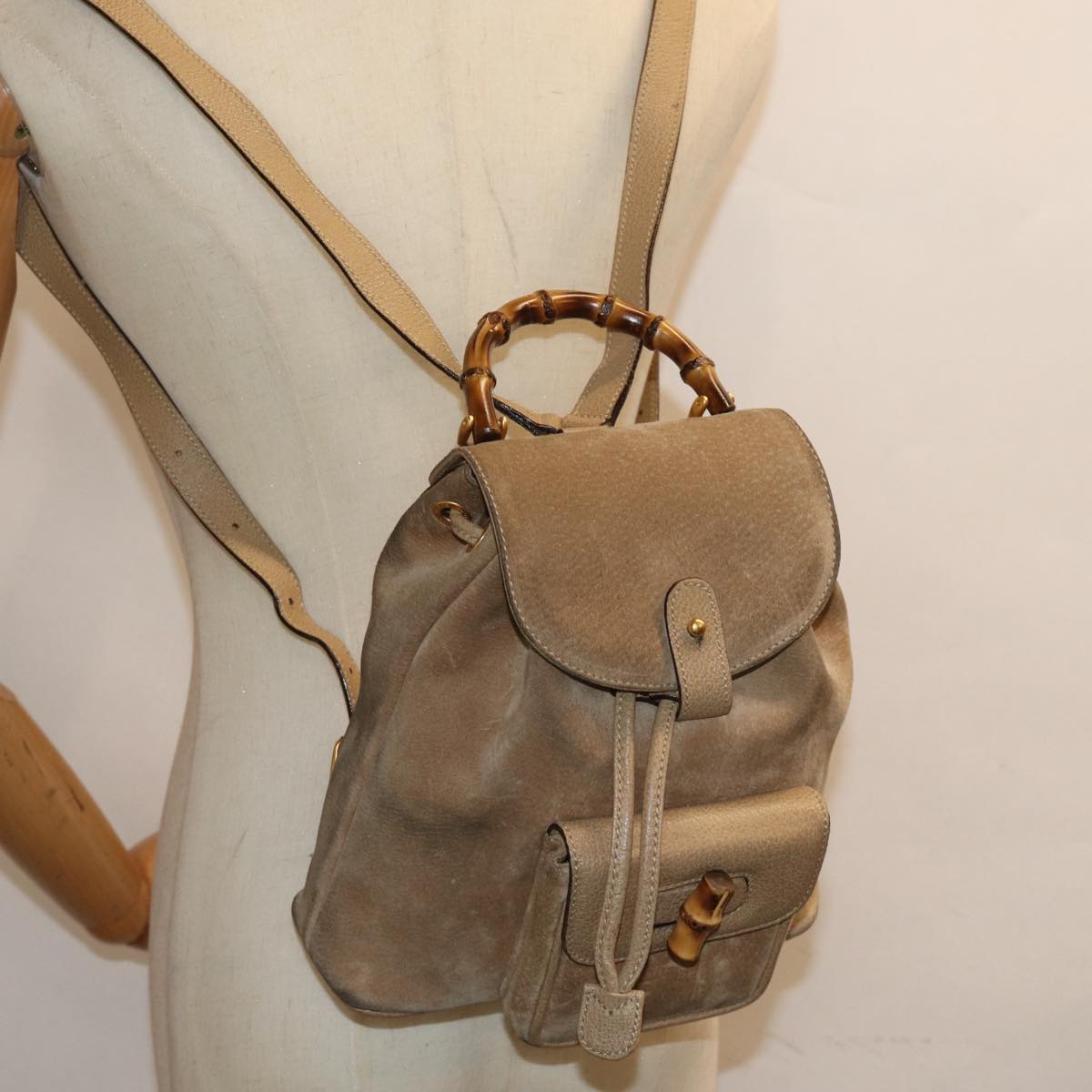 GUCCI Bamboo Backpack Suede Leather Beige 003 1705 0030 81152