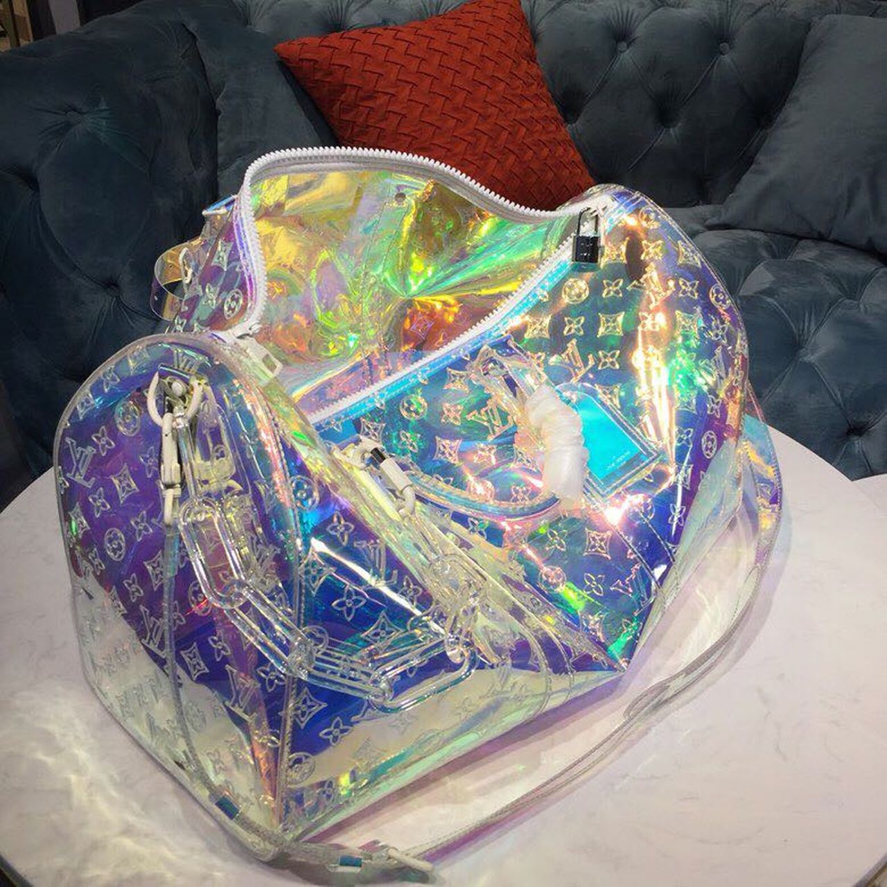 LV Keepall Bandouliere 50 Monogram PVC IridesGLAMInt Prism By Virgil Abloh For Men, Bags, Travel Bags 19.7in/50cm LV M53271