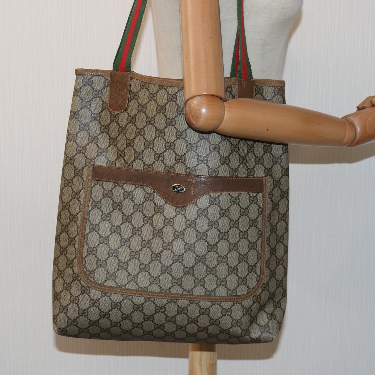GUCCI GG Supreme Web Sherry Line Tote Bag PVC Leather Beige 39 02 003 81626