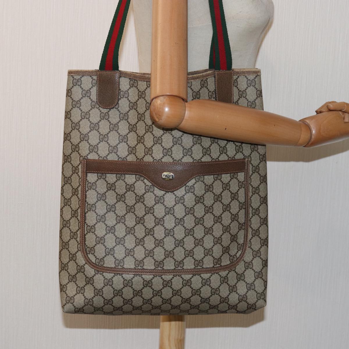 GUCCI GG Supreme Web Sherry Line Tote Bag PVC Leather Beige 39 02 003 81627