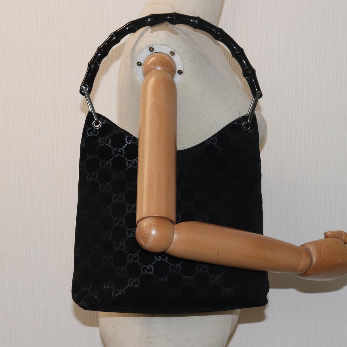 GUCCI Bamboo GG Canvas Shoulder Bag Suede Black 81858