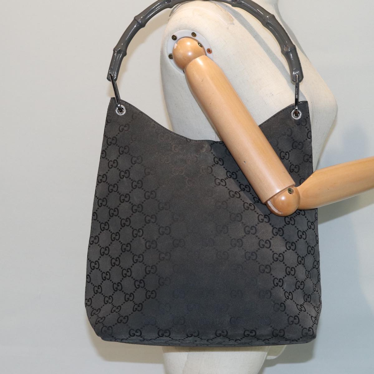 GUCCI Bamboo GG Canvas Shoulder Bag Suede Gray 81910