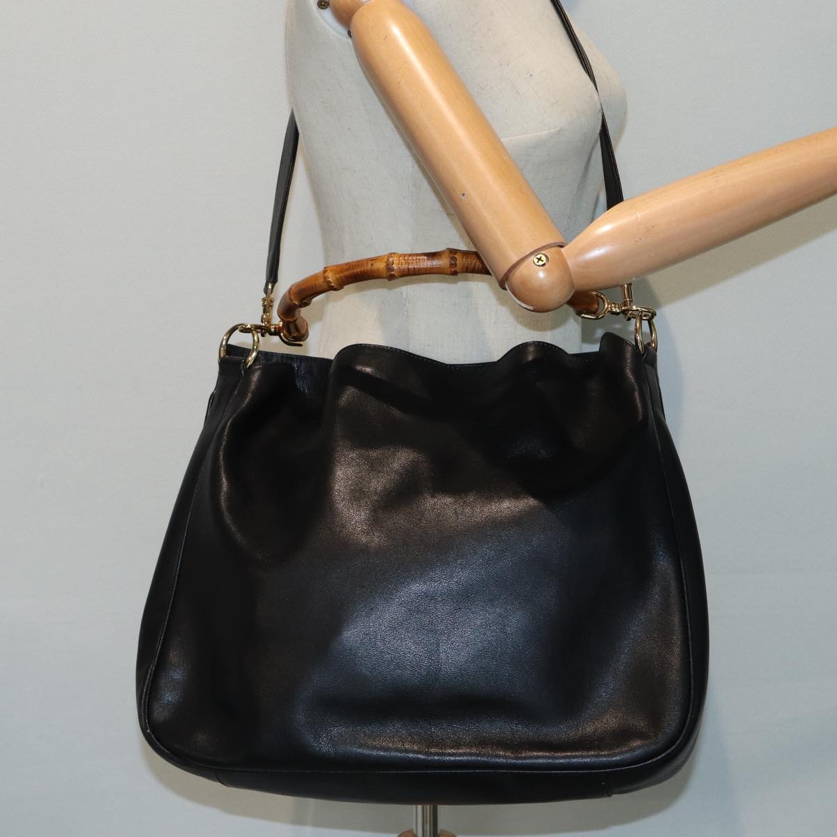 GUCCI Bamboo Hand Bag Leather 2way Black Gold 82114