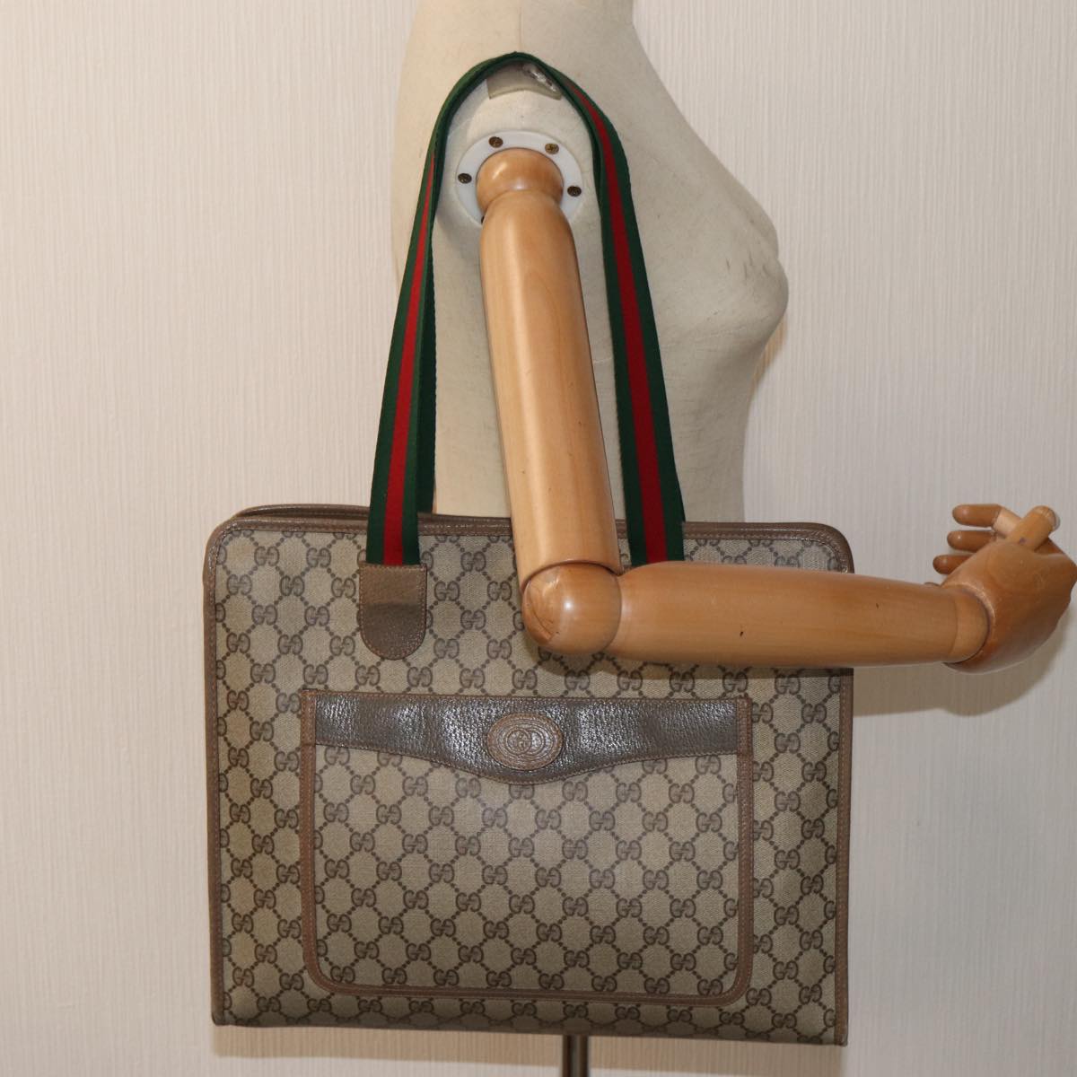 GUCCI GG Supreme Tote Bag WebSherry Line PVC Beige 89.02.997 82256