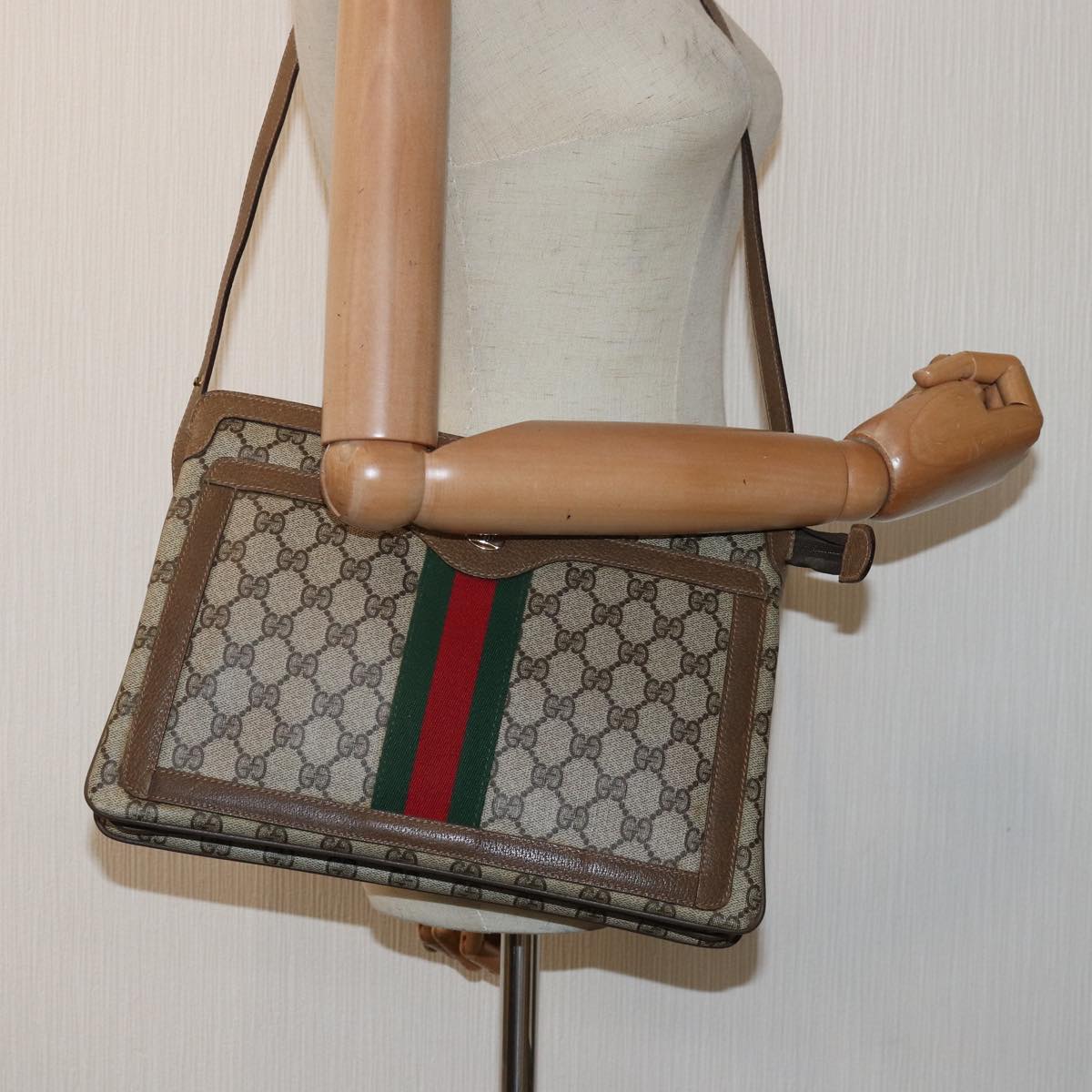 GUCCI GG Canvas Web Sherry Line Shoulder Bag PVC Leather Beige Green 83269