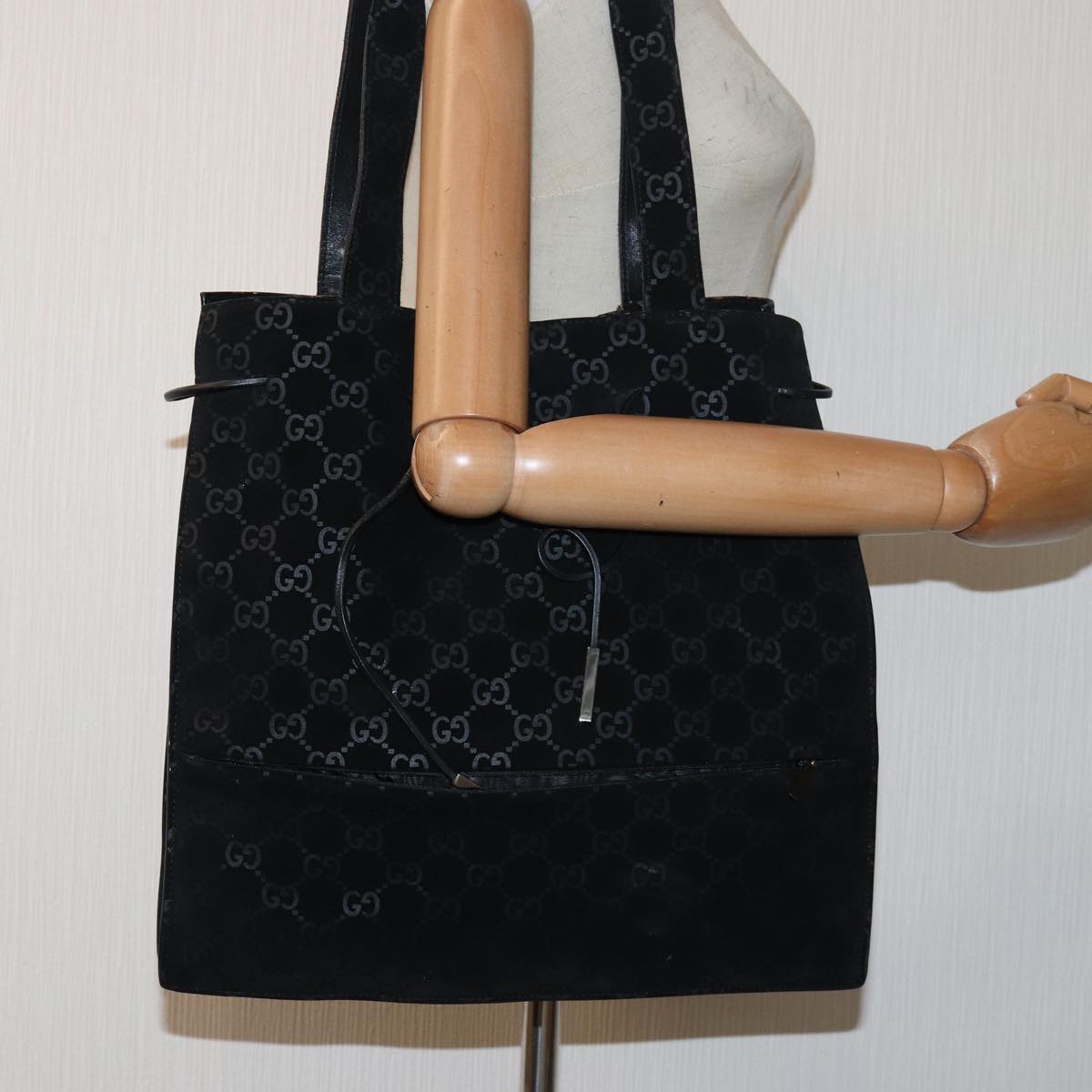 GUCCI GG Canvas Tote Bag Suede Black 002 1052 001998 83300