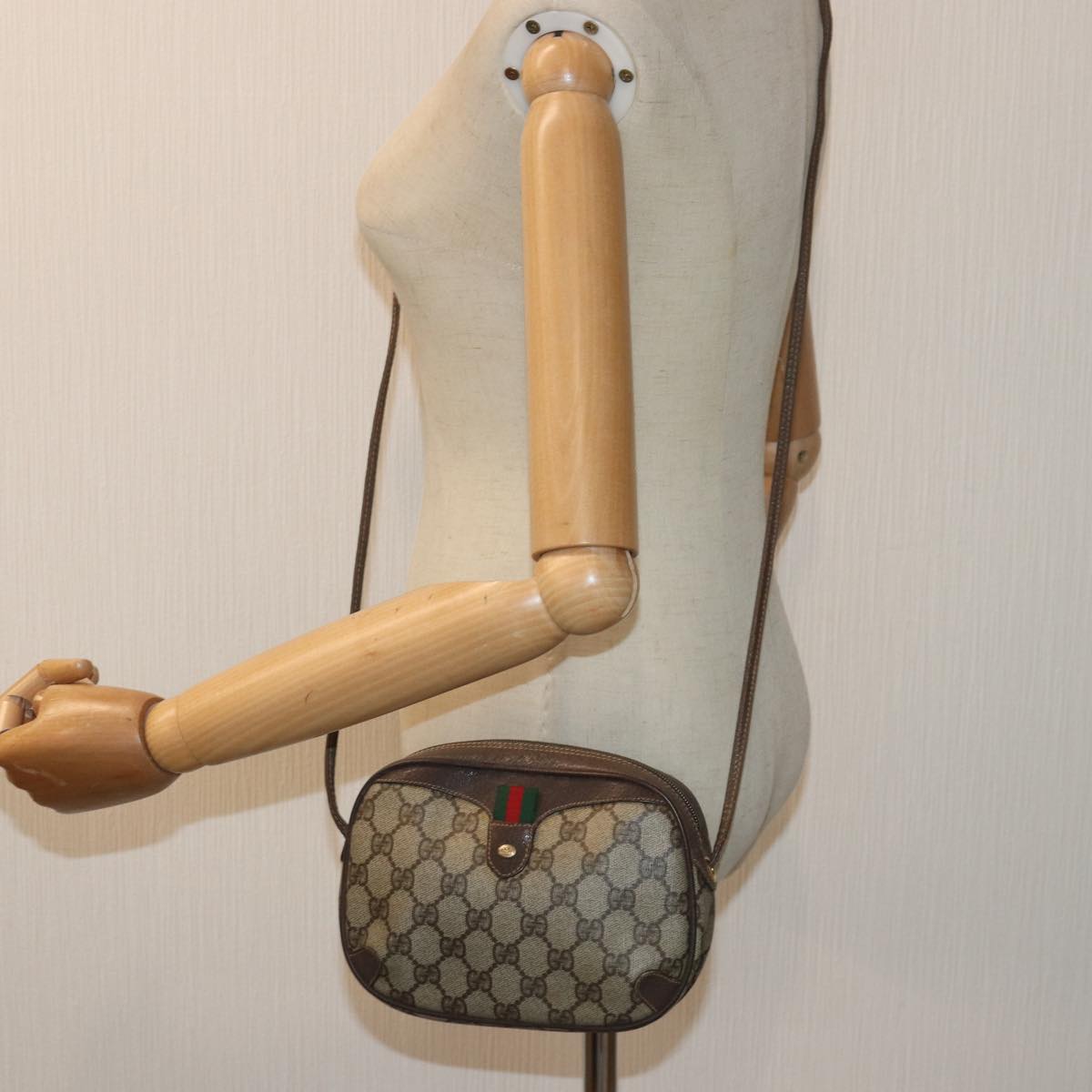 GUCCI GG Supreme Web Sherry Line Shoulder Bag PVC Beige 156 02 066 83926