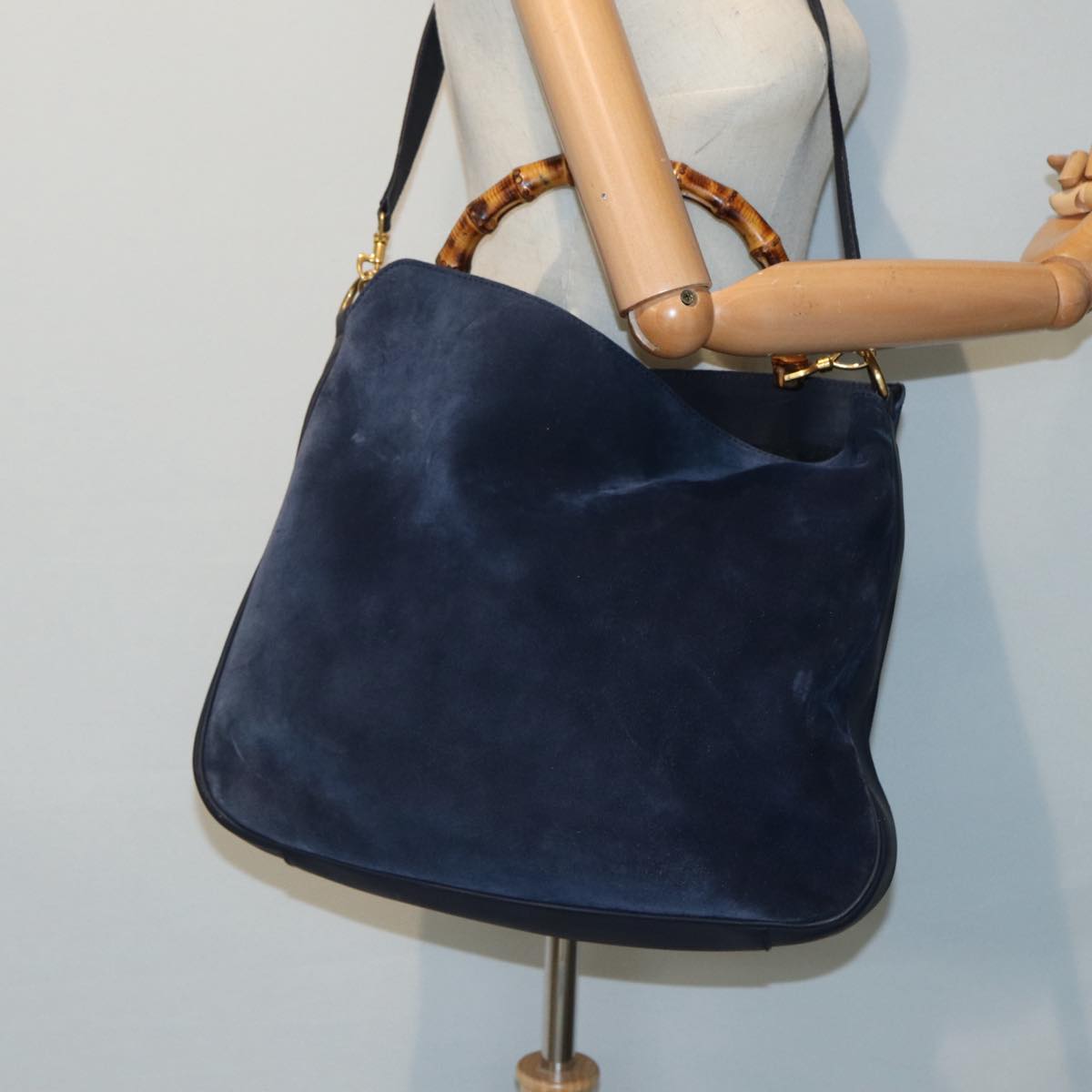 GUCCI Bamboo Shoulder Bag Suede 2way Navy 001 1577 2615 83940