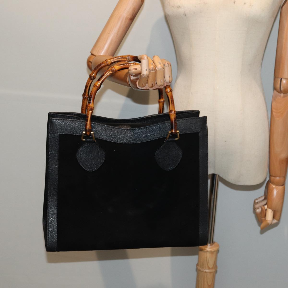 GUCCI Bamboo Hand Bag Suede Black Gold 002 1186 0260 83973