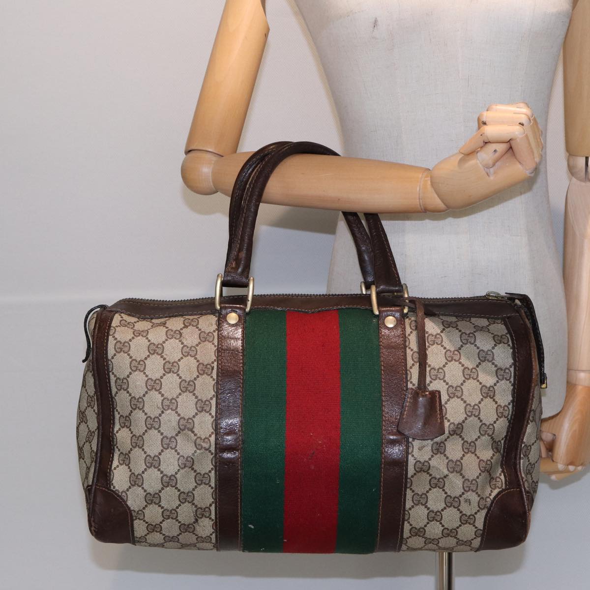 GUCCI GG Supreme Web Sherry Line Boston Bag PVC Beige Red Green 84232