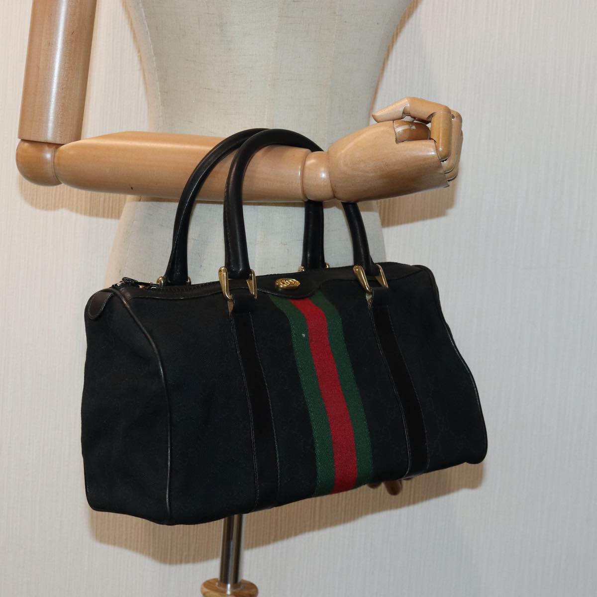 GUCCI GG Canvas Web Sherry Line Boston Bag Black Red Gold 010 378 84562