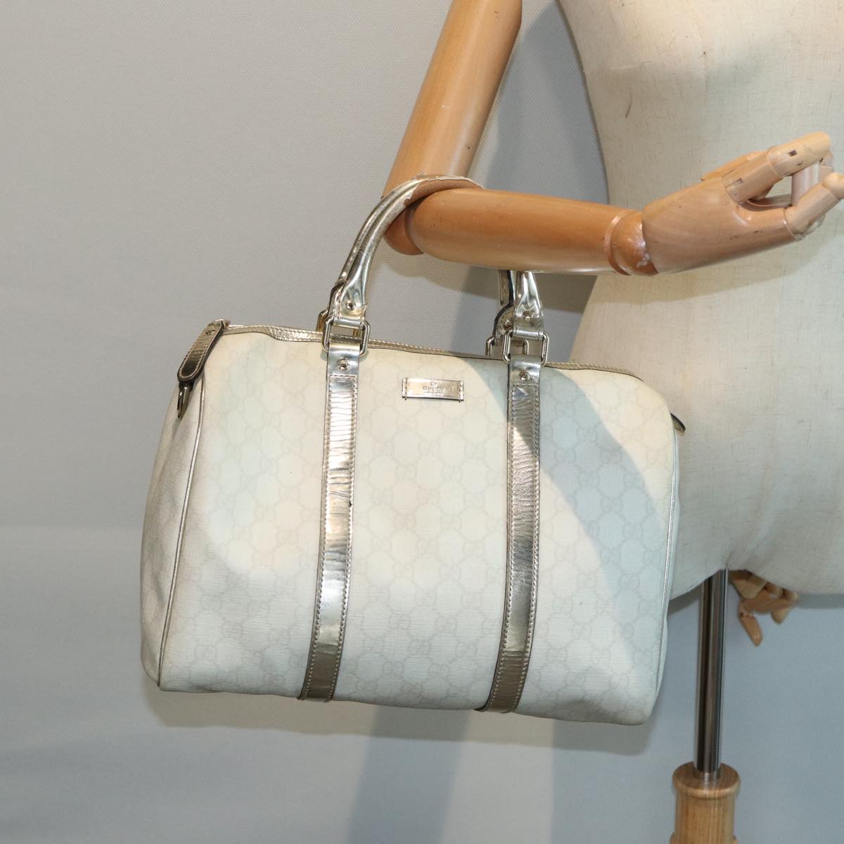 GUCCI GG Supreme Boston Bag PVC Leather White Silver gold 193603 84624