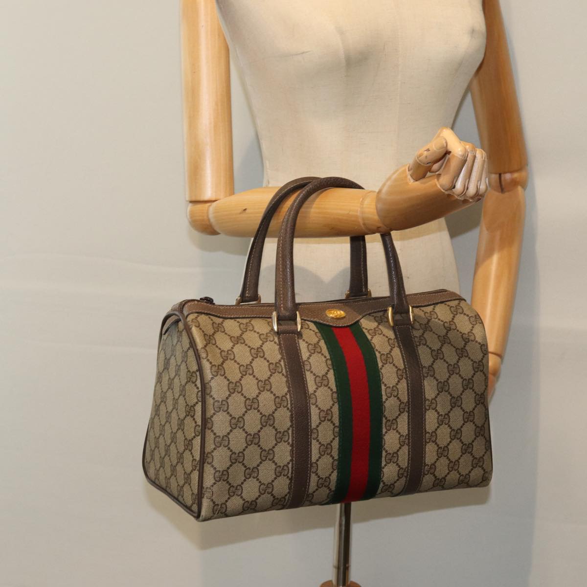 GUCCI GG Supreme Web Sherry Line Boston Bag PVC Beige Red 40 02 007 84924