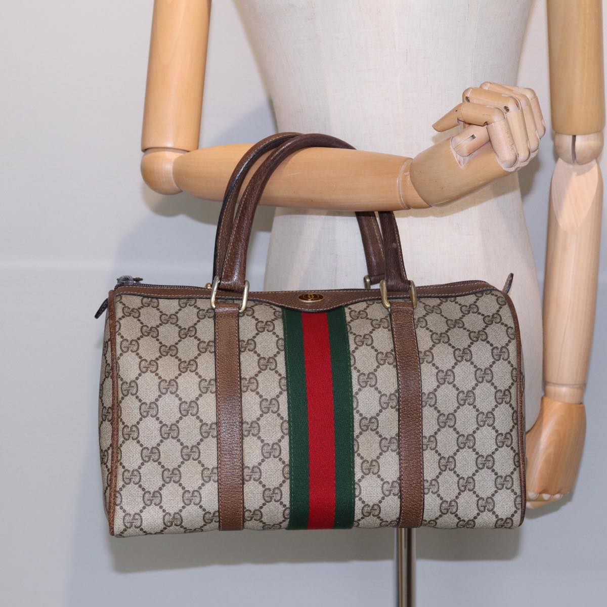 GUCCI GG Supreme Web Sherry Line Boston Bag PVC Beige 012 3842 33 39 84925