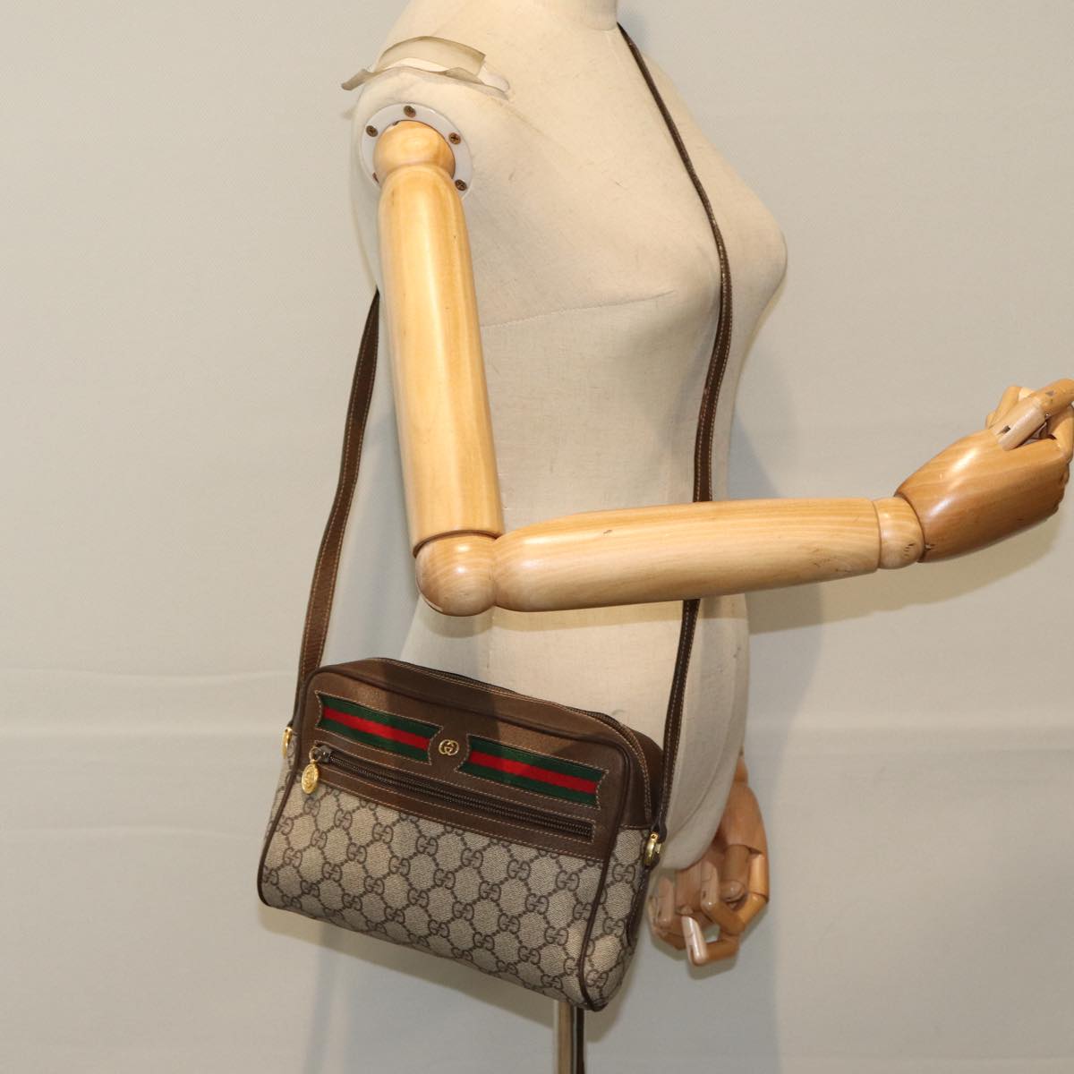 GUCCI GG Supreme Web Sherry Line Shoulder Bag PVC Beige Red Green 84928