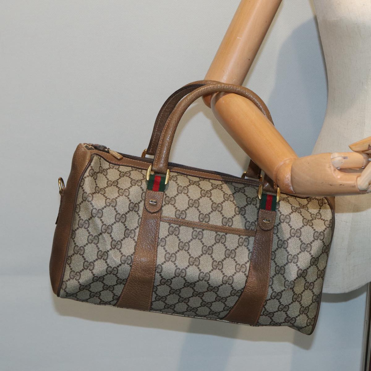 GUCCI GG Supreme Web Sherry Line Boston Bag PVC Beige Red 39 02 072 85055