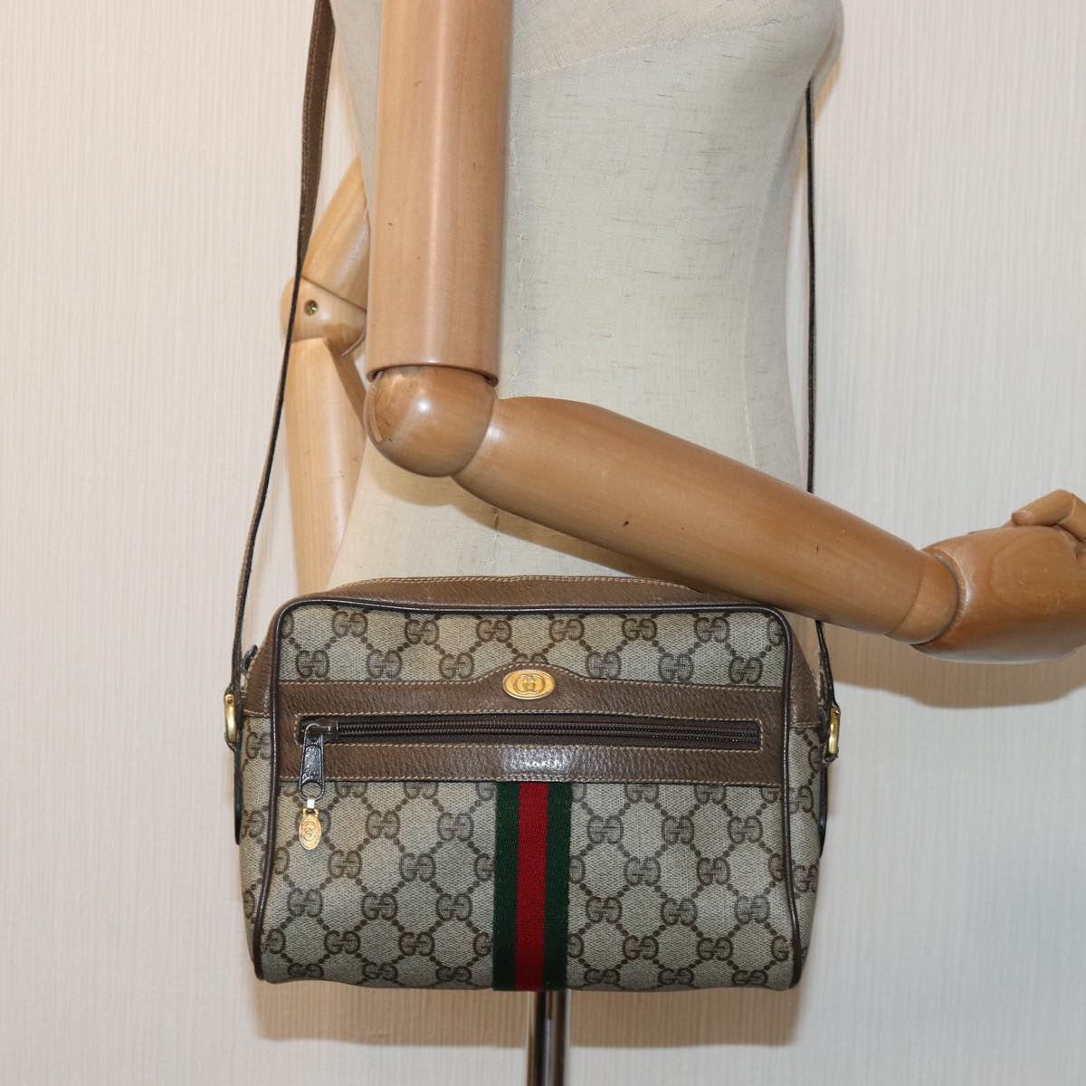 GUCCI GG Supreme Web Sherry Line Shoulder Bag PVC Beig gold 85109