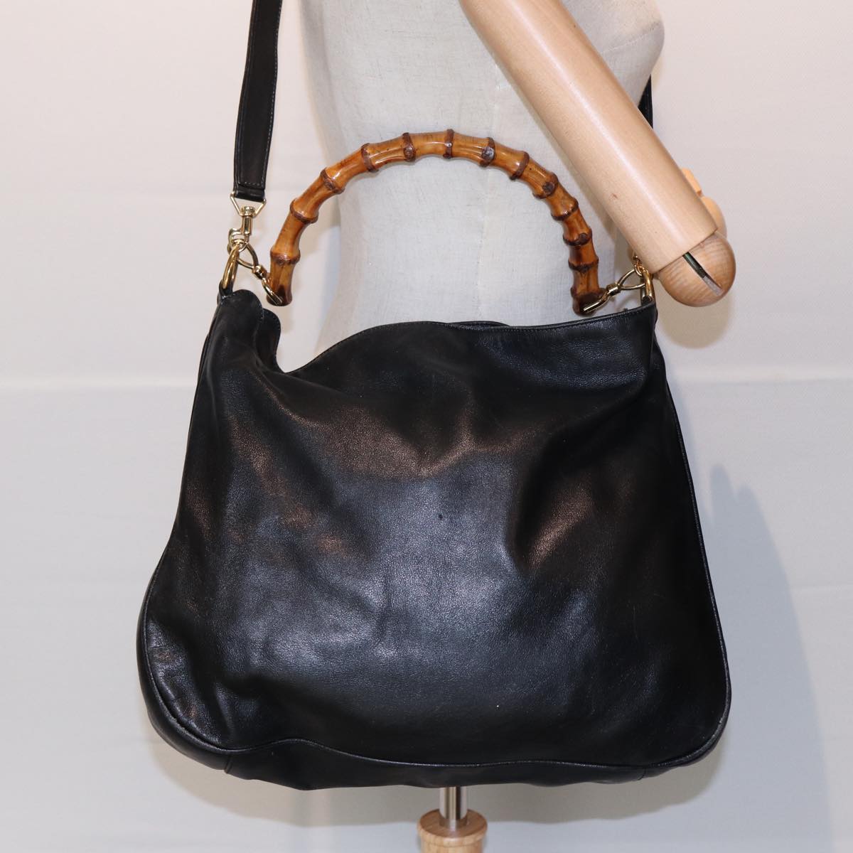 GUCCI Bamboo Hand Bag Leather 2way Black 001 1014 1577 85130