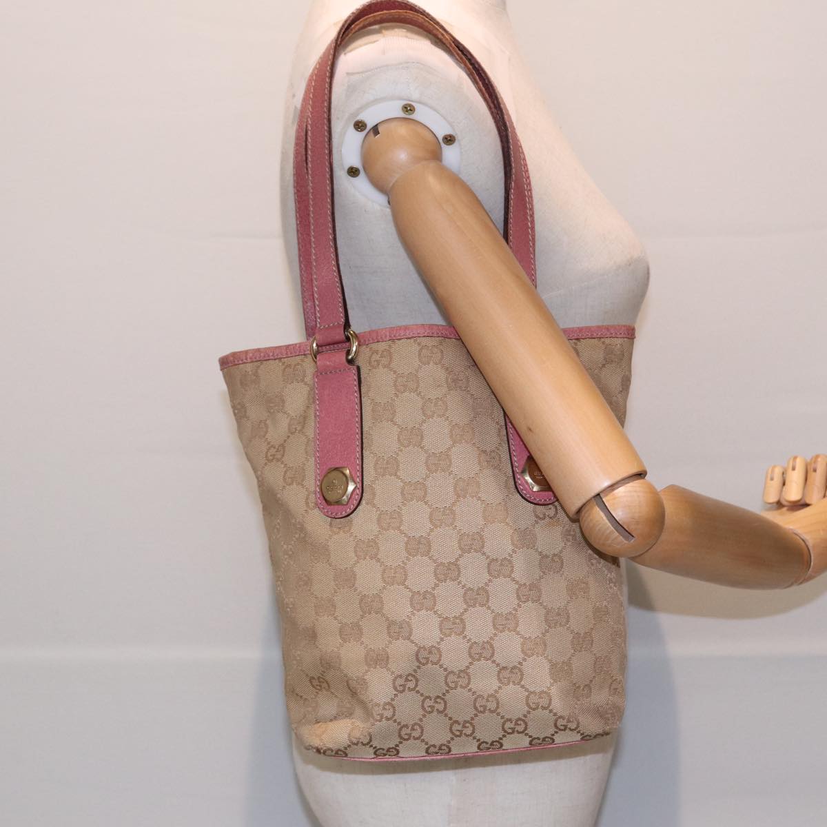 GUCCI GG Canvas Tote Bag Beige Pink gold 153361 85284