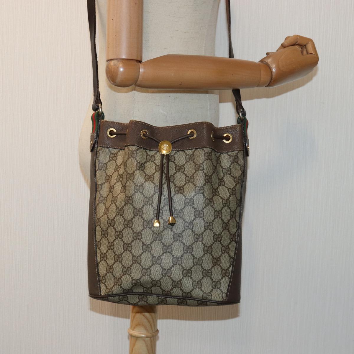 GUCCI GG Supreme Web Sherry Line Shoulder Bag PVC Beige Gold 85390