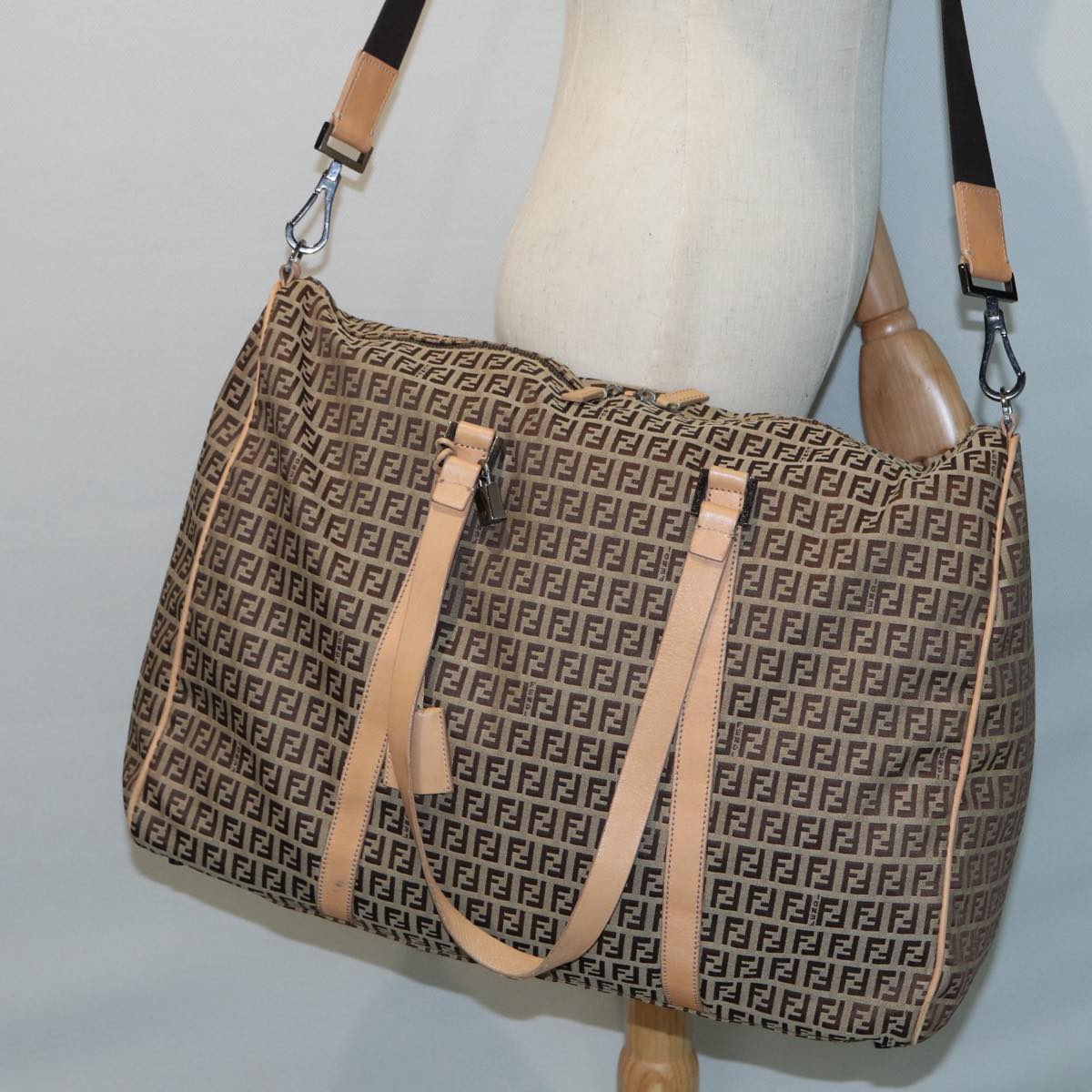 FENDI Zucchino Canvas Boston Bag 2way Beige Brown 85464