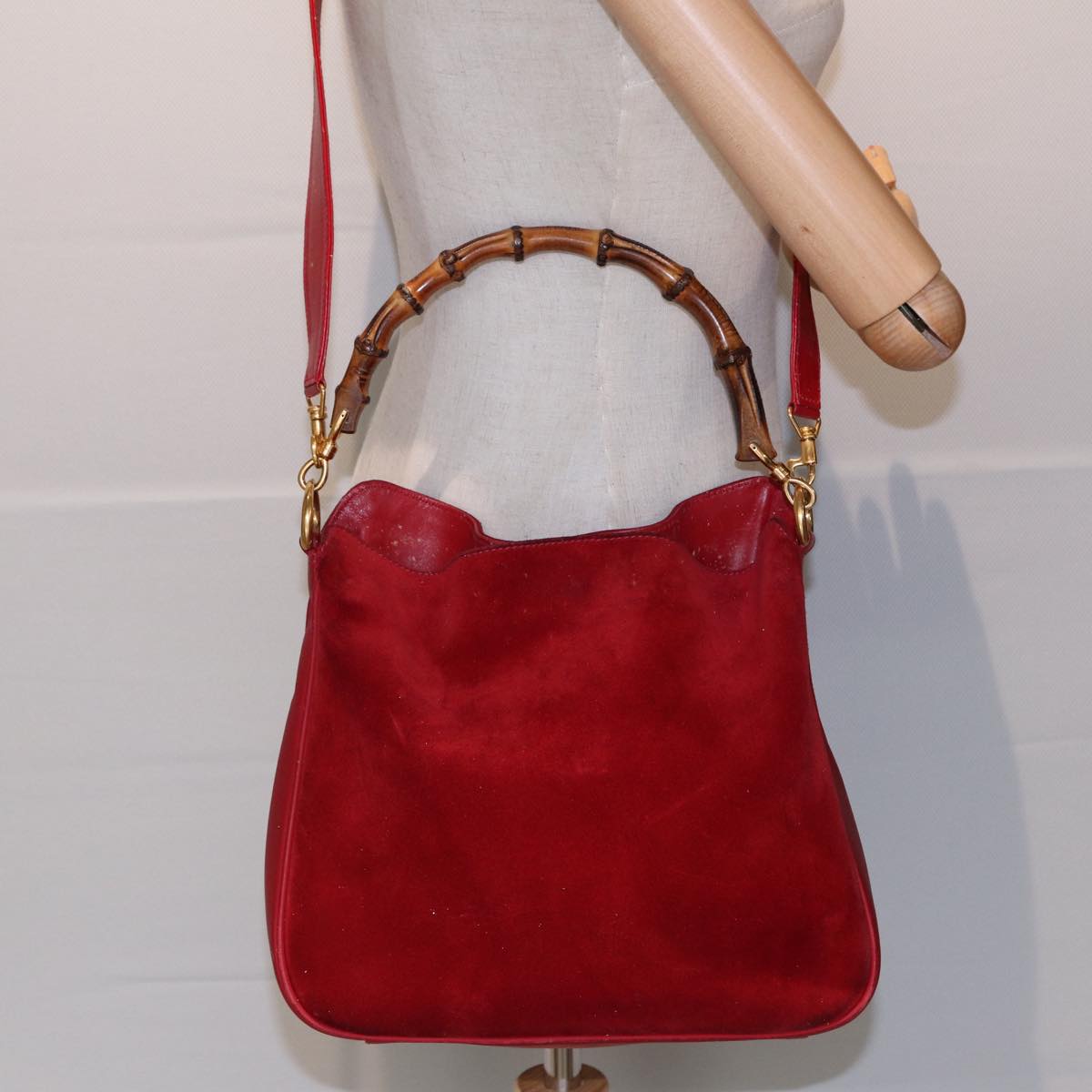 GUCCI Bamboo Shoulder Bag Suede 2way Red Gold 001 2113 1638 85477