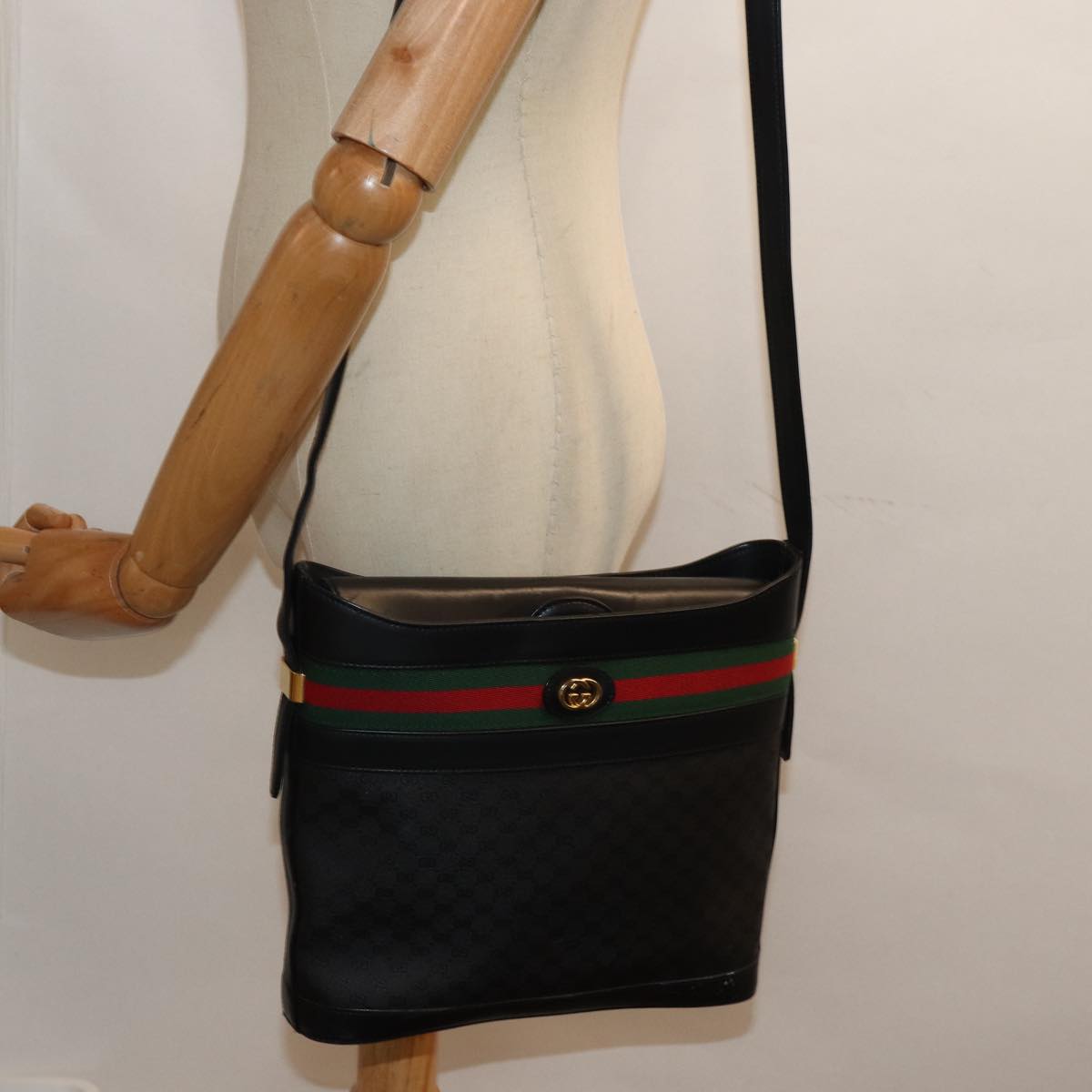 GUCCI Micro GG Supreme Web Sherry Line Shoulder Bag PVC Black Gold 85498