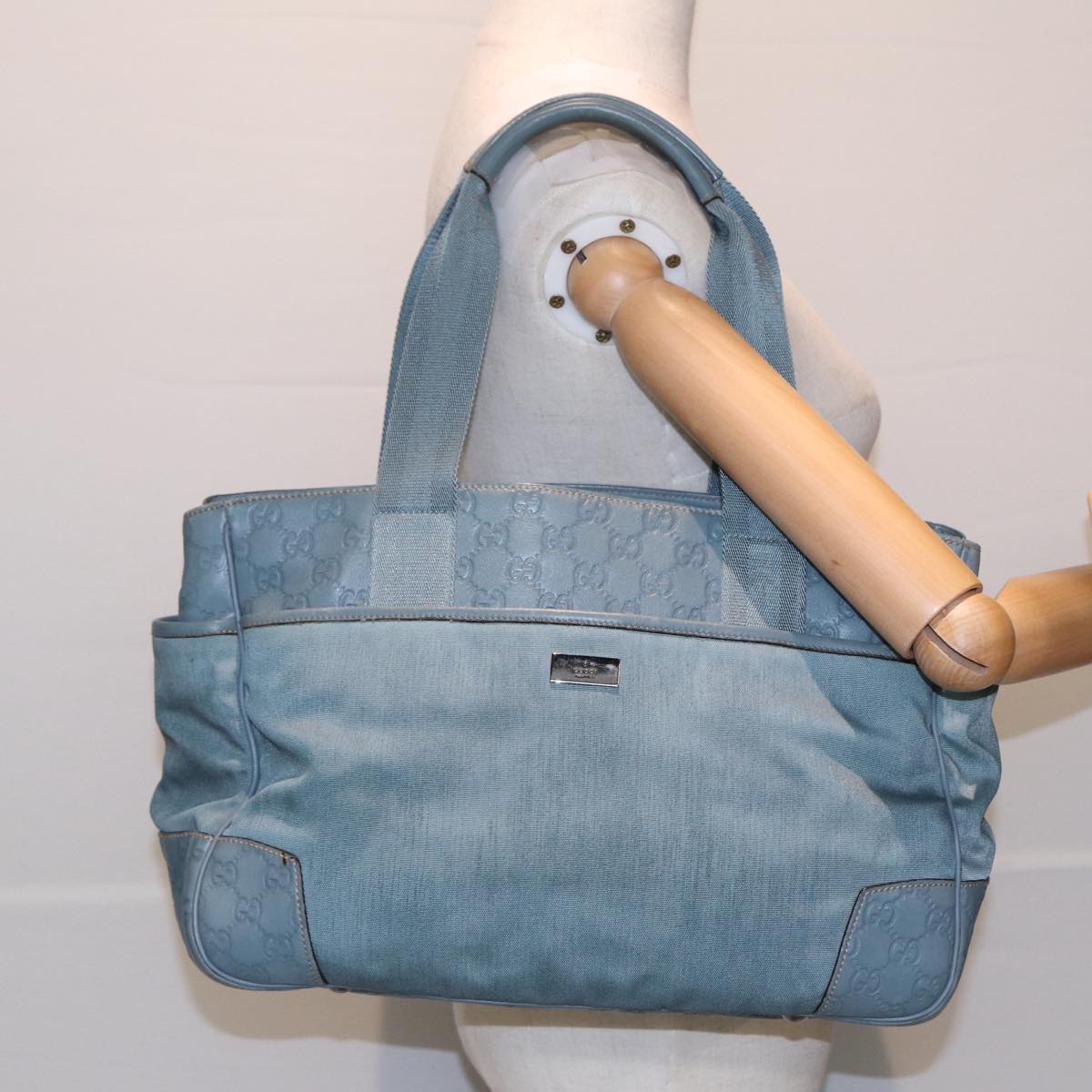 GUCCI GG Canvas Guccissima Tote Bag Nylon Leather Light Blue Silve 85527