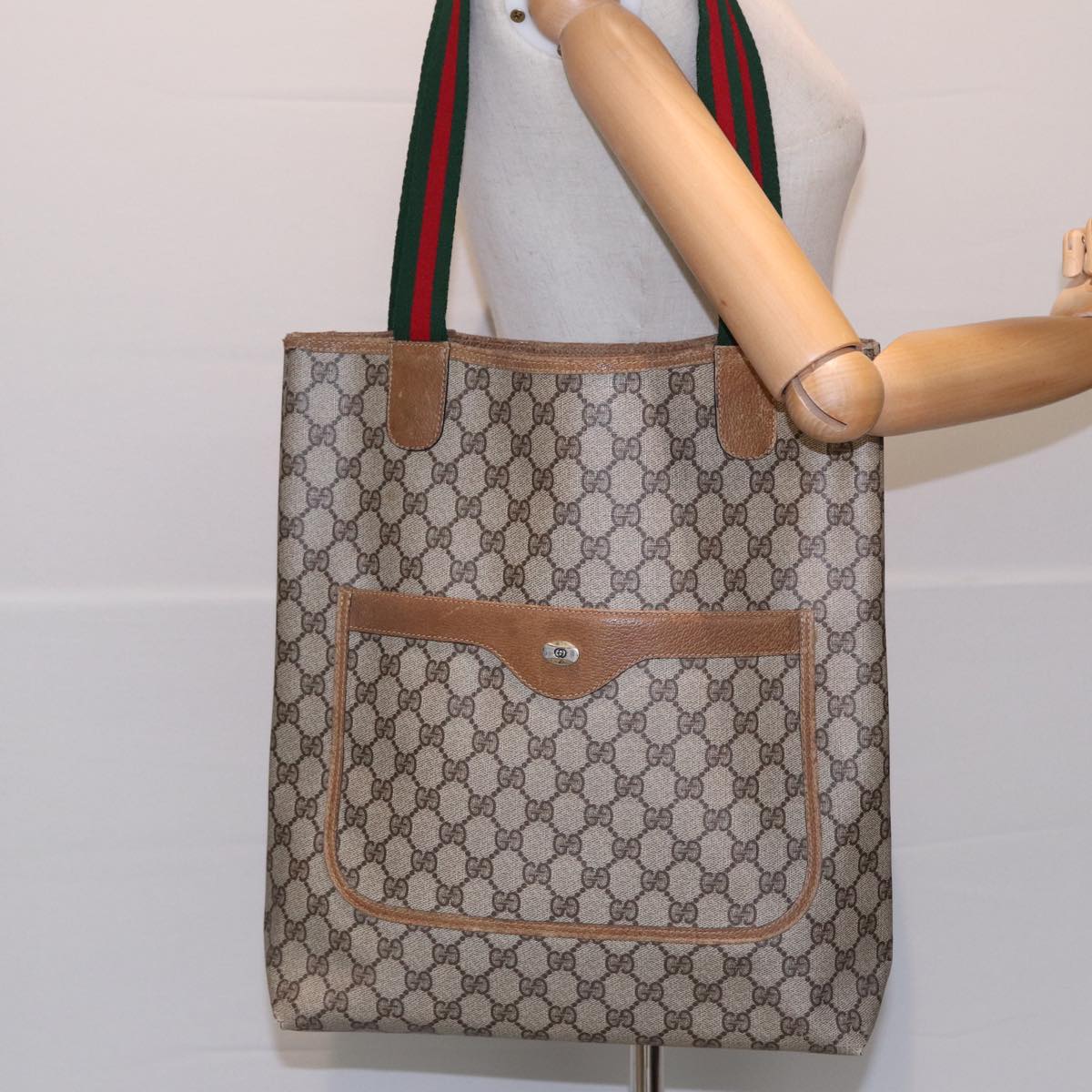 GUCCI GG Supreme Web Sherry Line Tote Bag PVC Beige Silver 39 02 003 85620