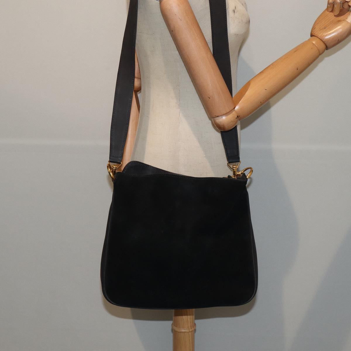 GUCCI Bamboo Hand Bag Suede 2way Black Gold 001 3754 1638 85727