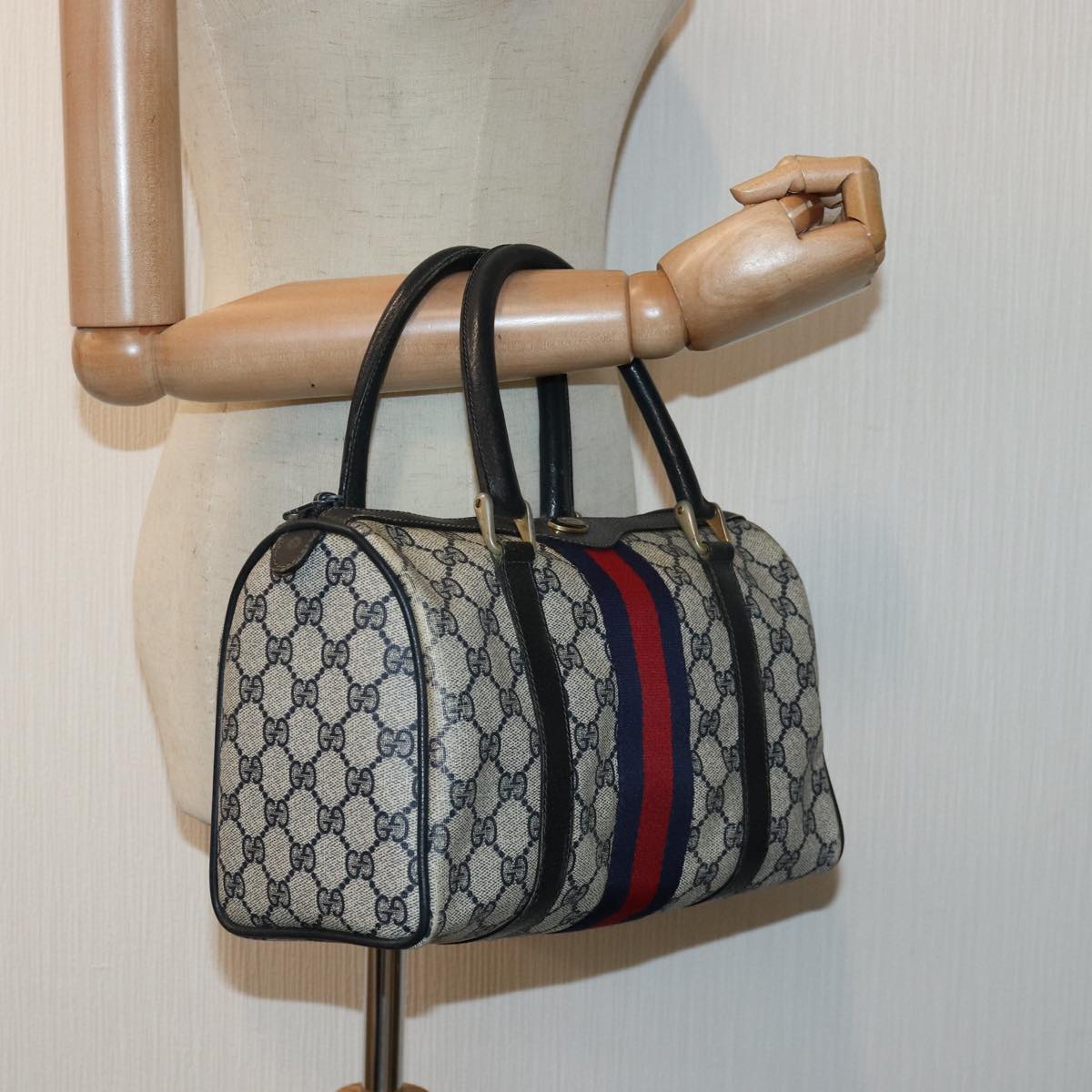 GUCCI GG Supreme Sherry Line Hand Bag PVC Navy Red 39 02 006 85906