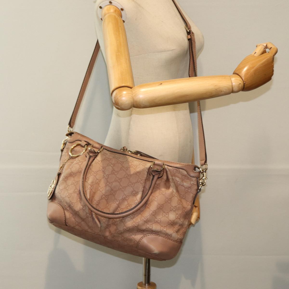 GUCCI GG Canvas Guccissima Hand Bag Leather 2way Pink Gold 247902 85982