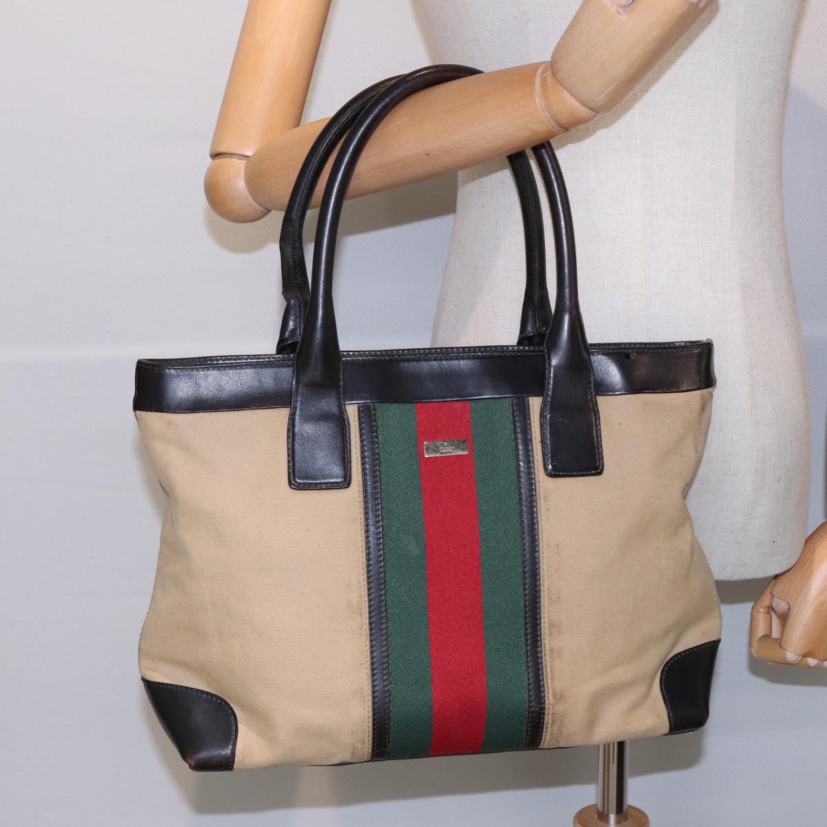 GUCCI Web Sherry Line Hand Bag Canvas Beige Gold Red 002 1119 85986