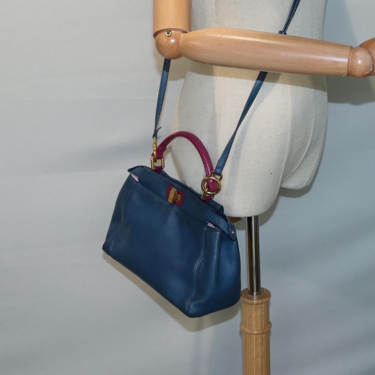 FENDI Mini Peek A Boo Hand Bag Leather 2way Blue Gold 86182