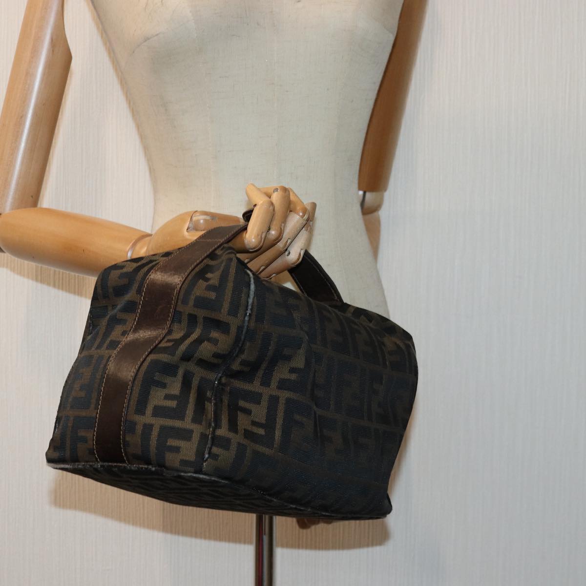FENDI Zucca Canvas Vanity Pouch Brown Black gold 86247