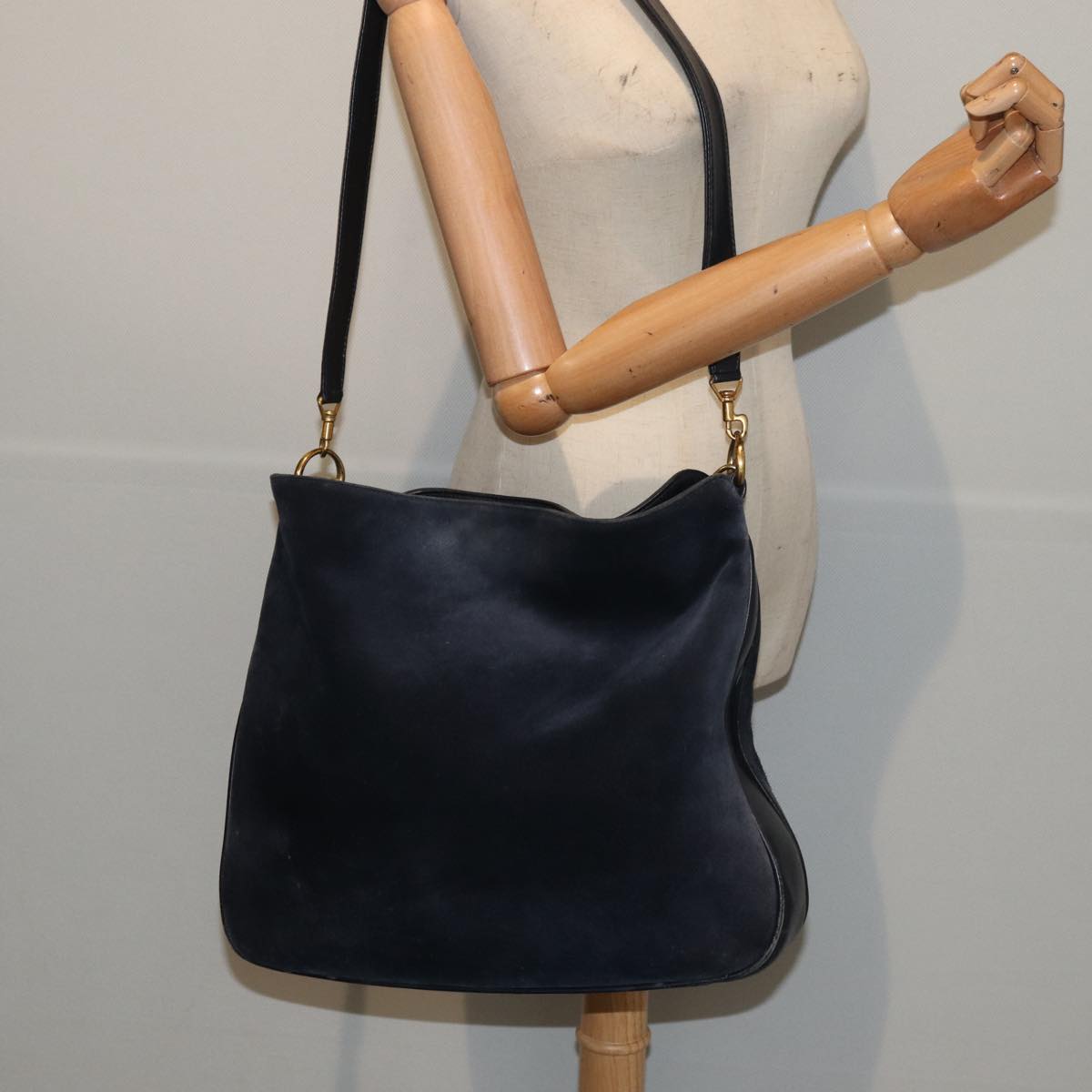GUCCI Bamboo Hand Bag Suede 2way Navy Gold 001 1014 1577 0 86262