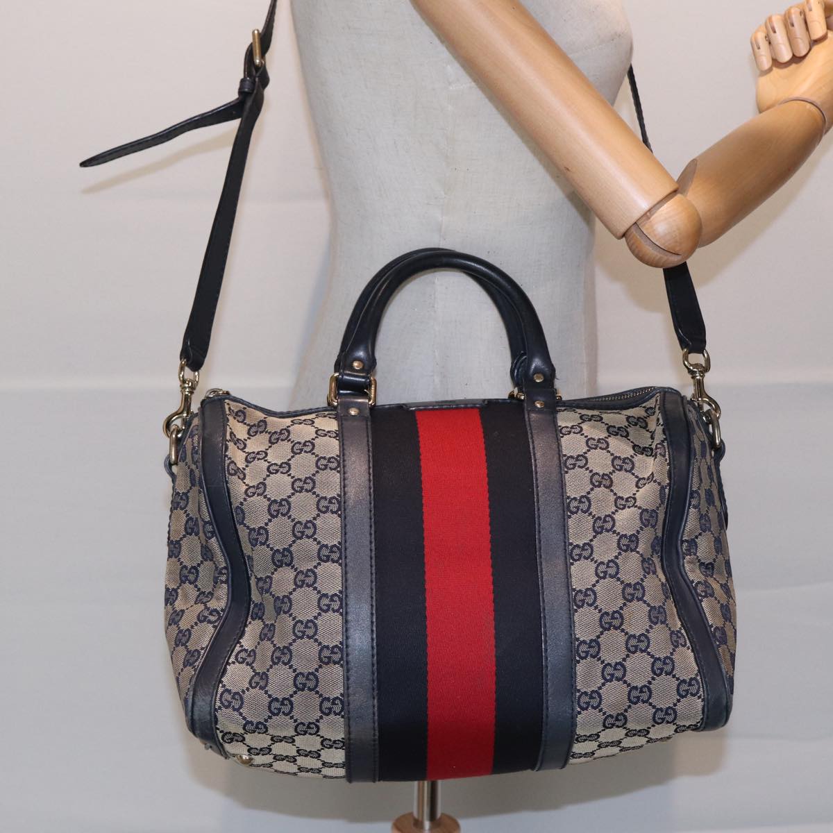 GUCCI GG Canvas Boston Bag 2way Beige Navy Silver 247205 86270