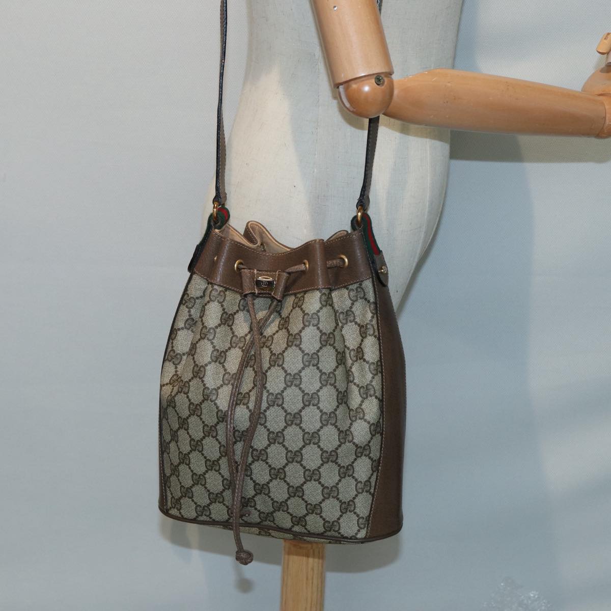 GUCCI GG Supreme Drawstring Bag Web Sherry Line Shoulder Bag PVC 86555