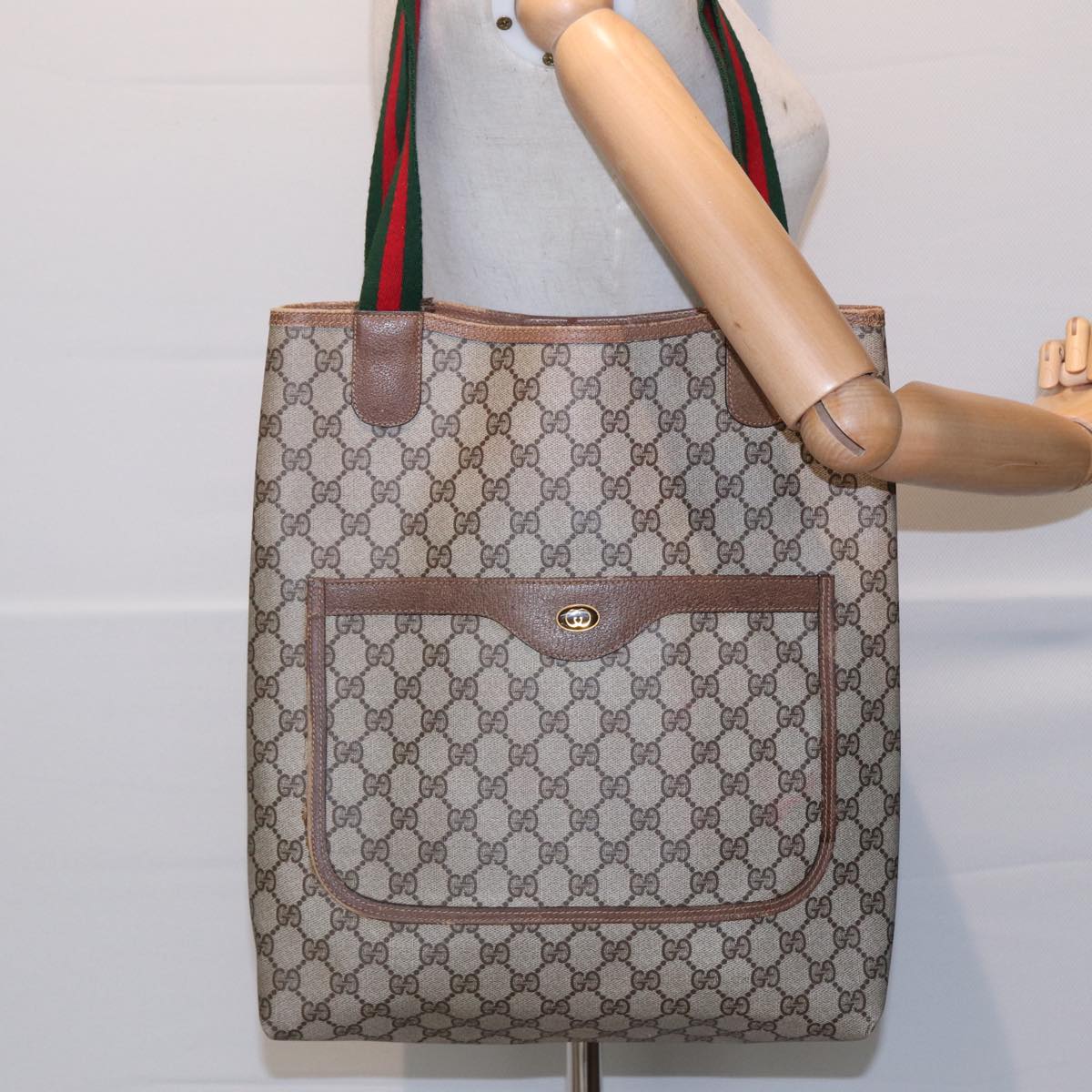 GUCCI GG Supreme Web Sherry Line Tote Bag PVC Leather Beige 39 02 003 86560