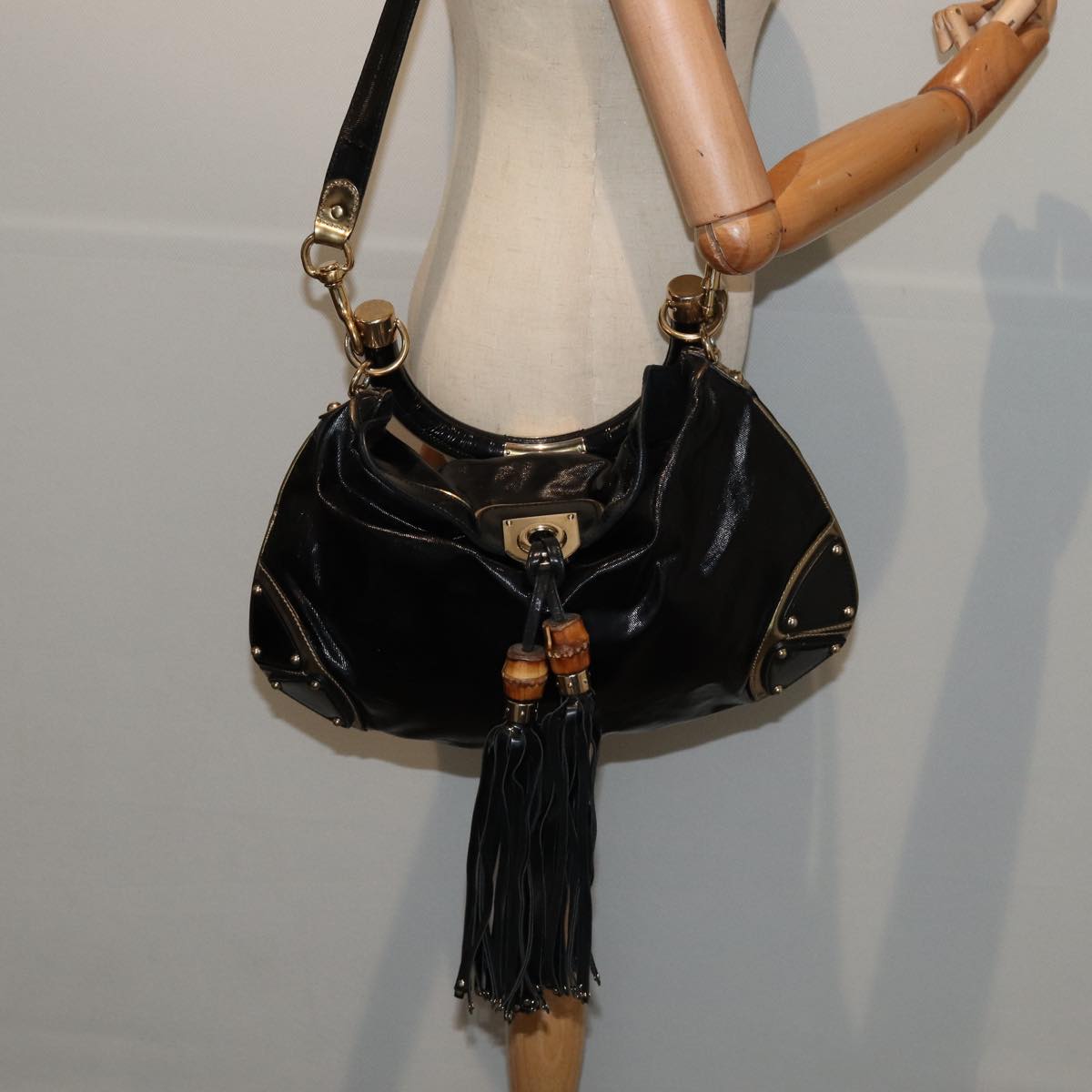 GUCCI Hand Bag Enamel 2way Black Gold 185566 86648