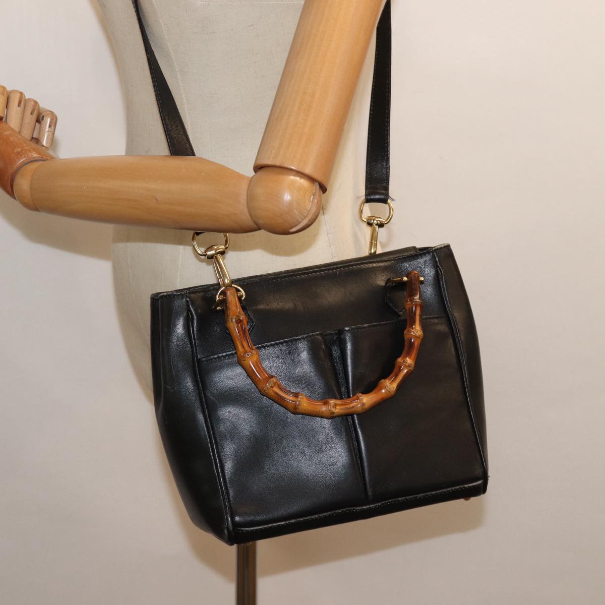 GUCCI Bamboo Hand Bag Leather 2way Black Gold 000 123 0316 86705