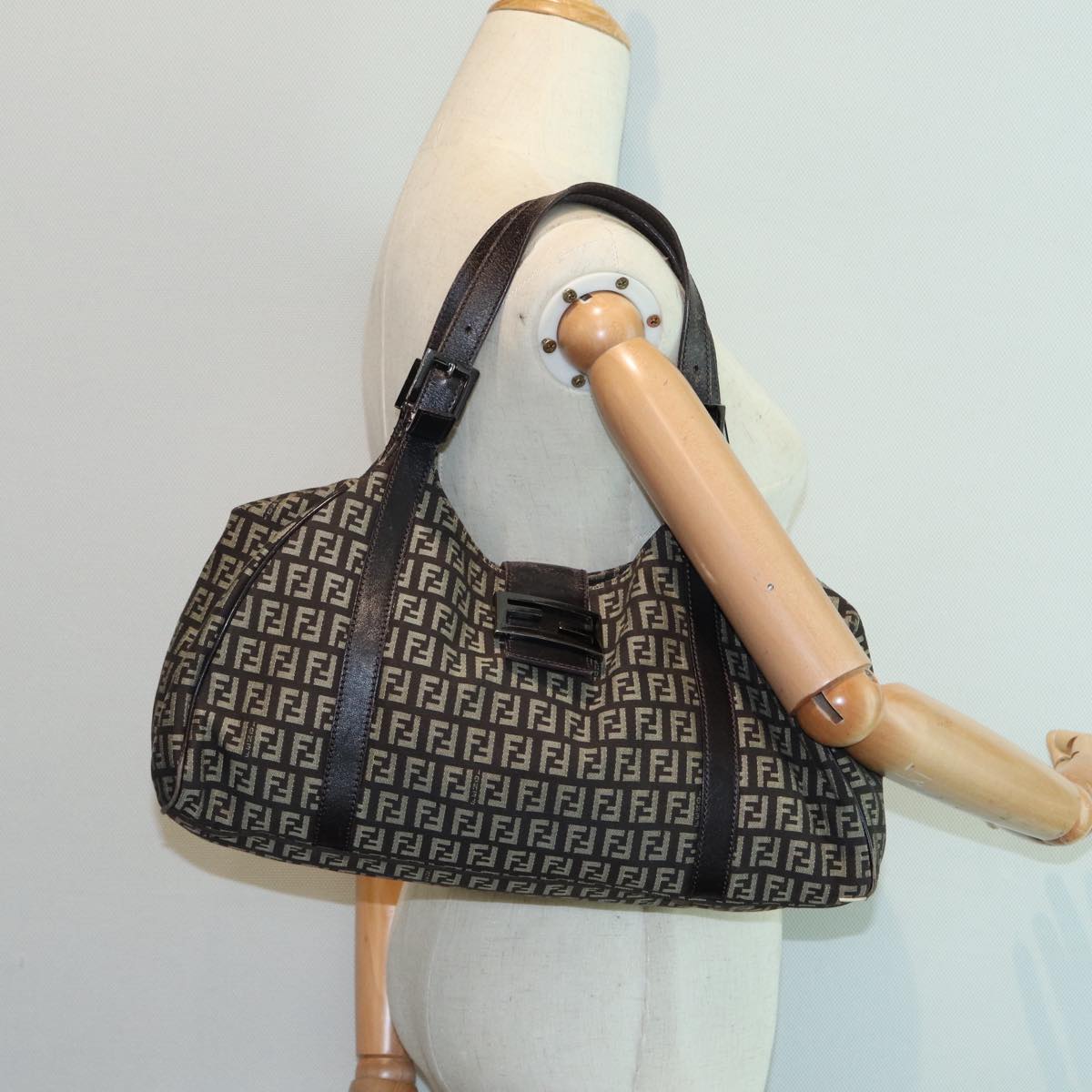 FENDI Zucchino Canvas Mamma Shoulder Bag Brown Black Silver 86710