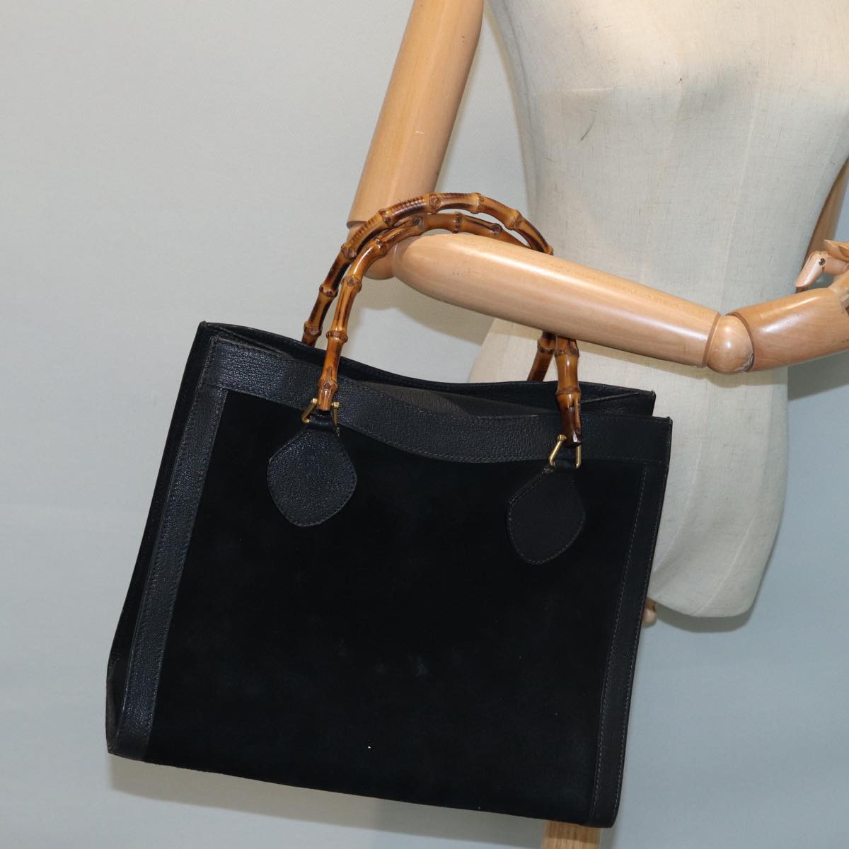 GUCCI Bamboo Hand Bag Suede Leather Black Gold 002 0260 2615 86722
